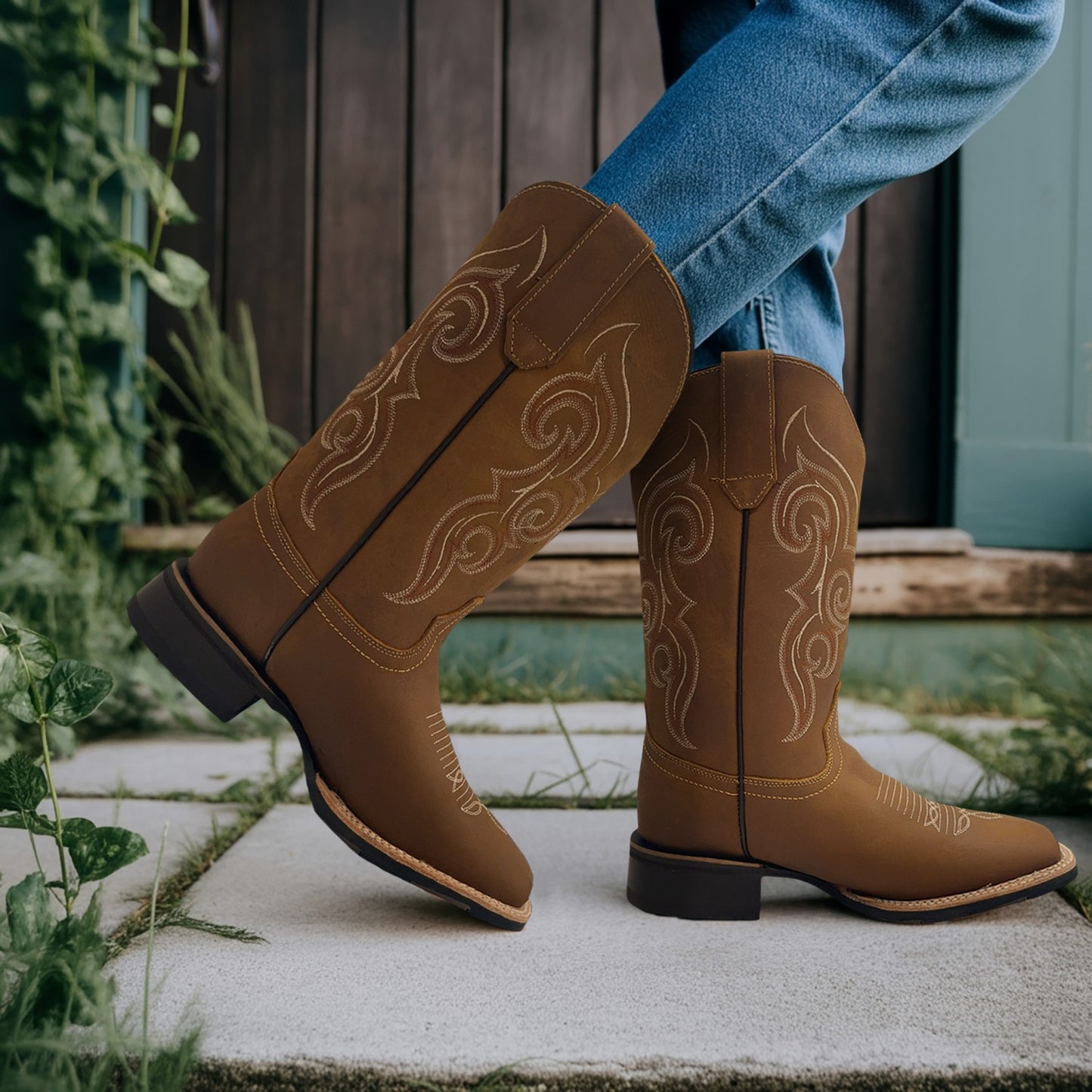 Men's Square Toe Leather Cowboy Boot Midcalf Rubber Sole