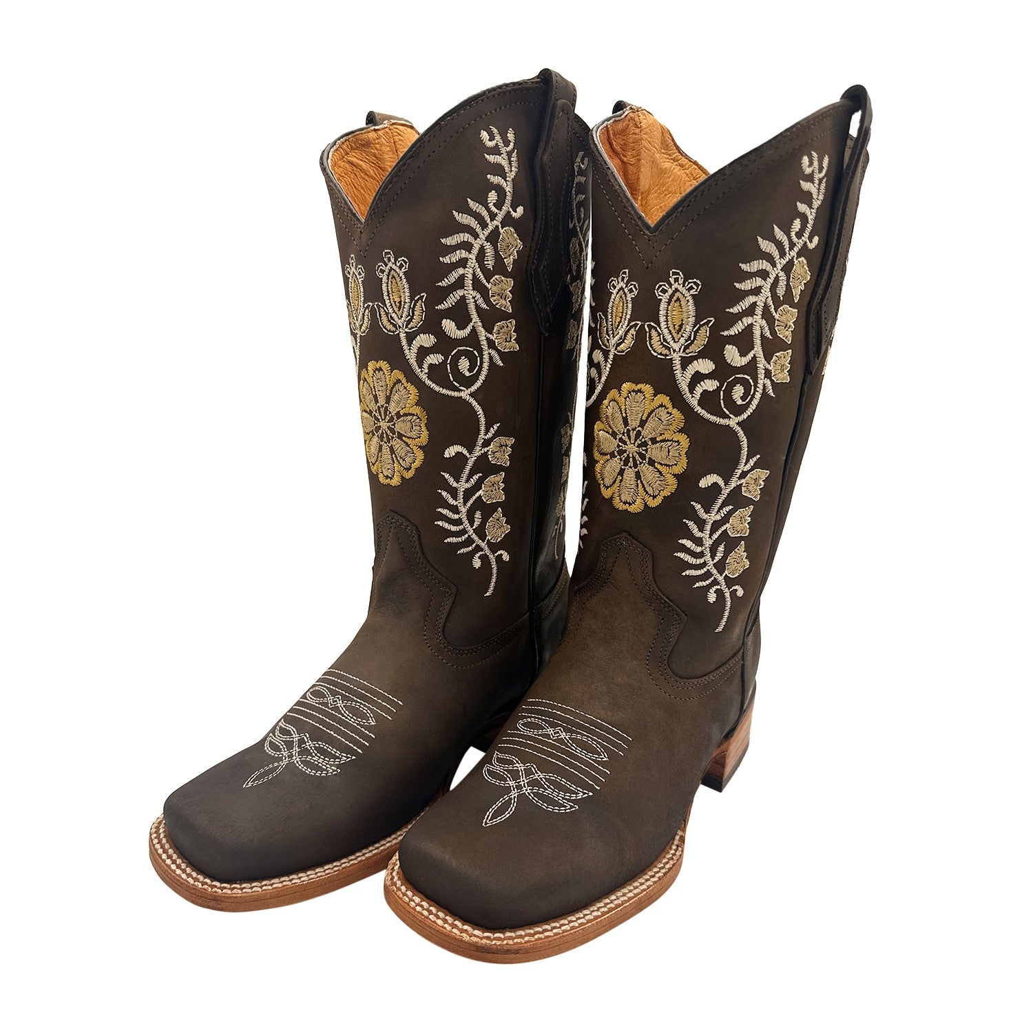 Women’s Genuine Leather Brown Square Toe Western Floral Embroidered Cowgirl Boots Mid-Calf