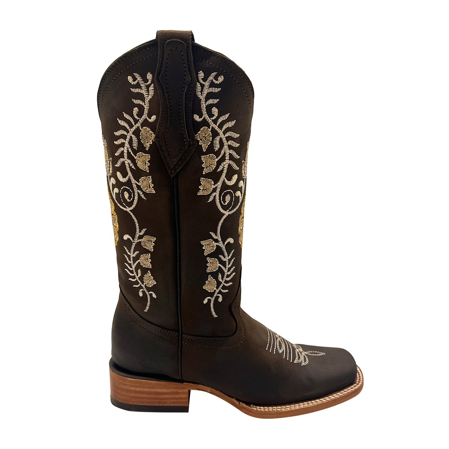 Women’s Genuine Leather Brown Square Toe Western Floral Embroidered Cowgirl Boots Mid-Calf