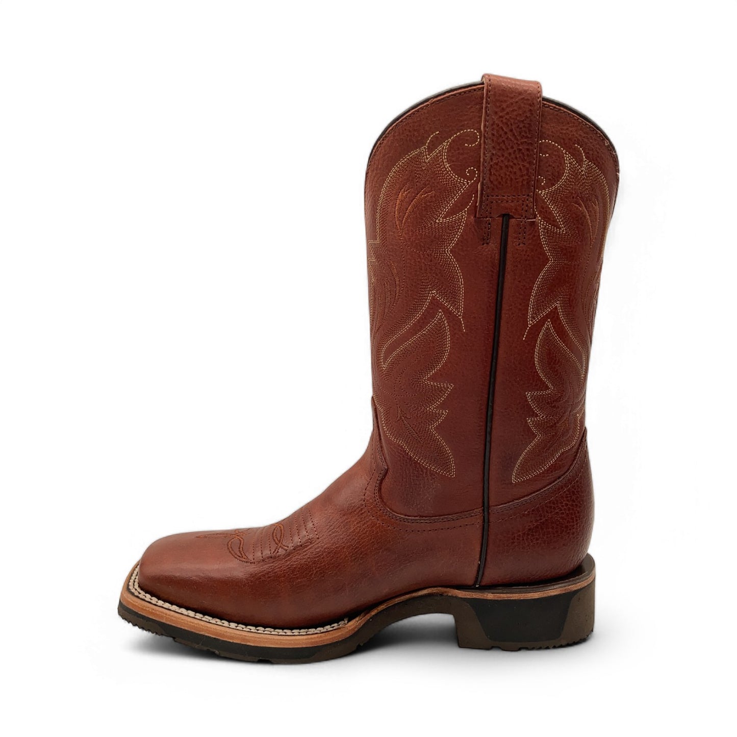 Men’s Leather Western Cowboy Boot Square Toe Mid Calf Rubber Sole