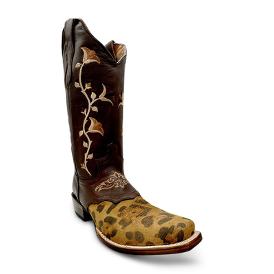 Women’s Genuine Leather Square Toe Leopard Print Cowboy Cowgirl Boot