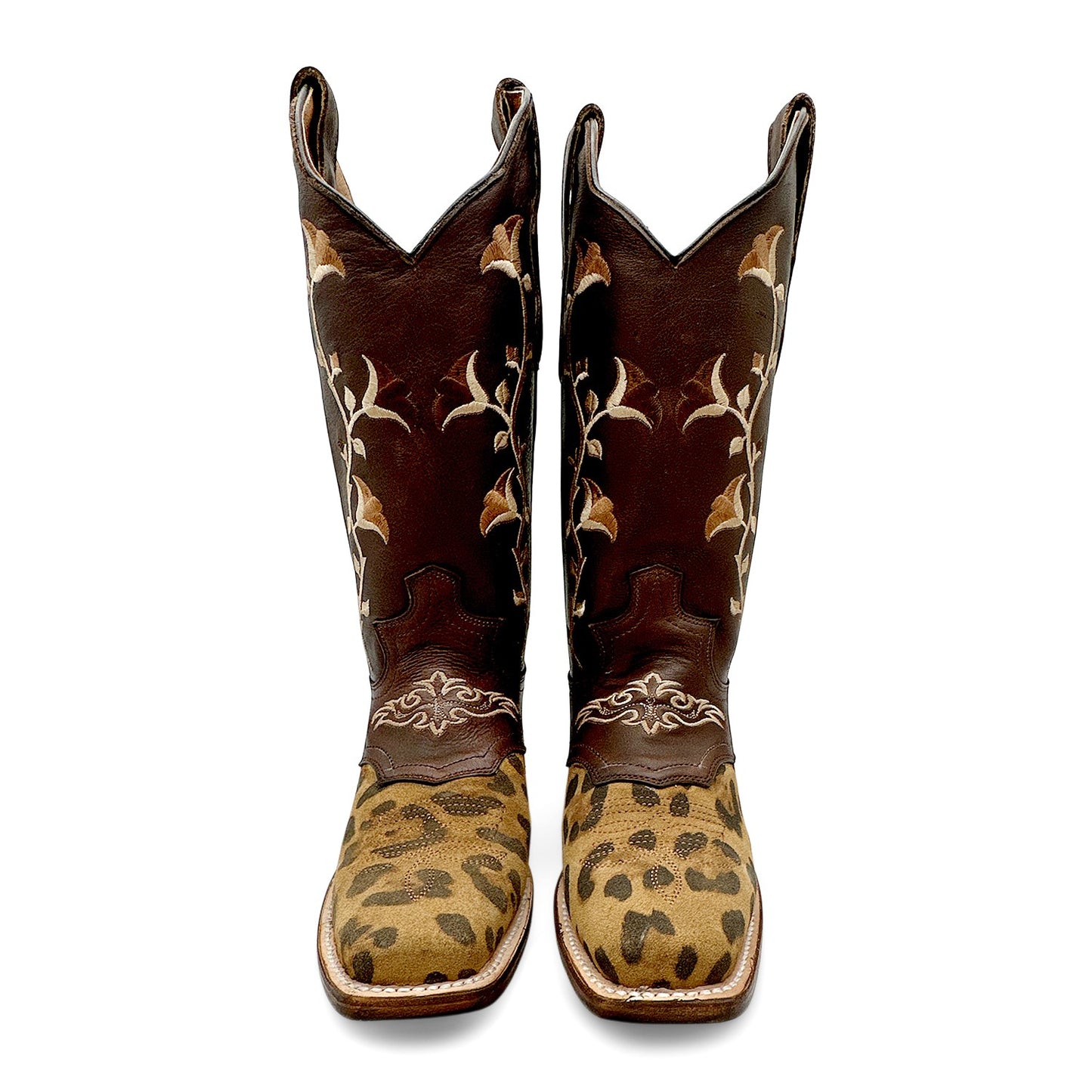 Women’s Genuine Leather Square Toe Leopard Print Cowboy Cowgirl Boot