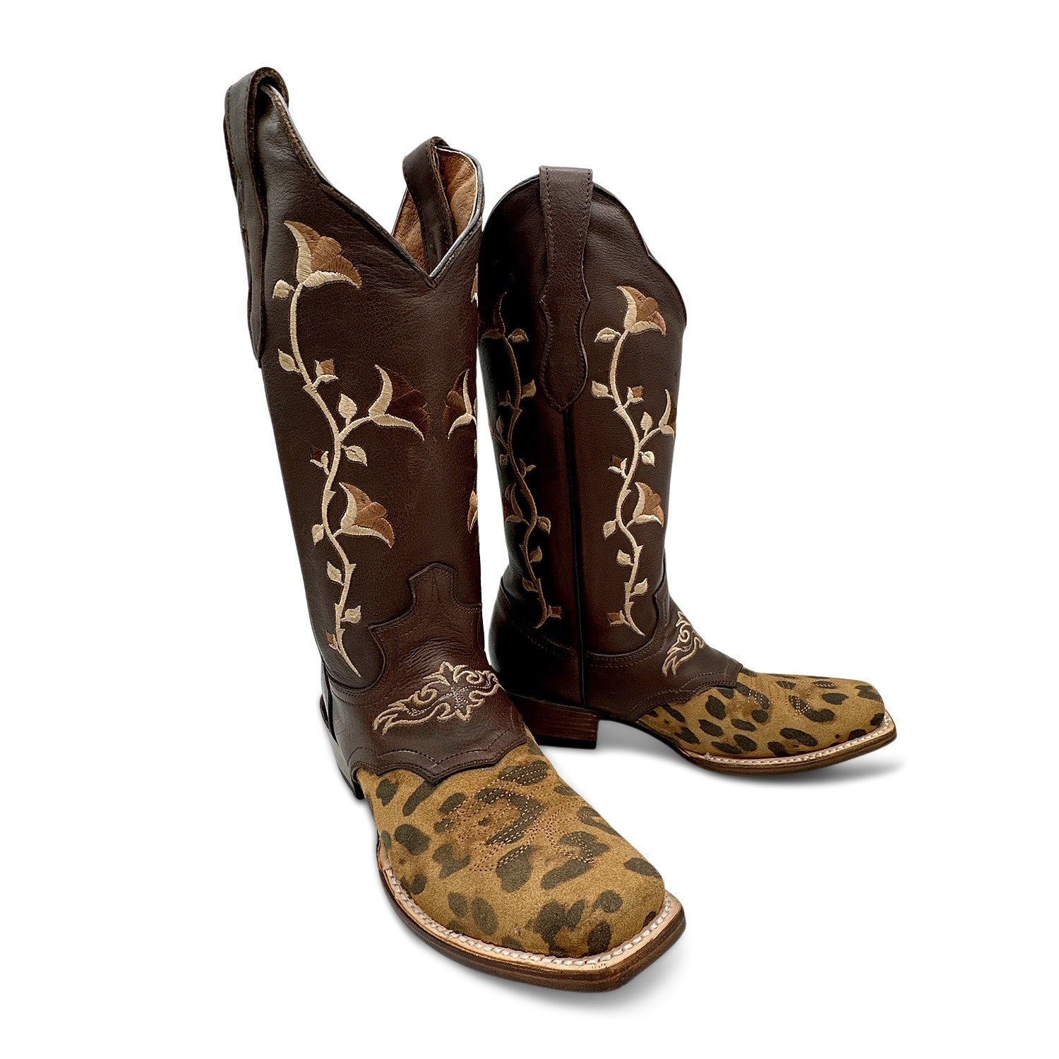 Women’s Genuine Leather Square Toe Leopard Print Cowboy Cowgirl Boot