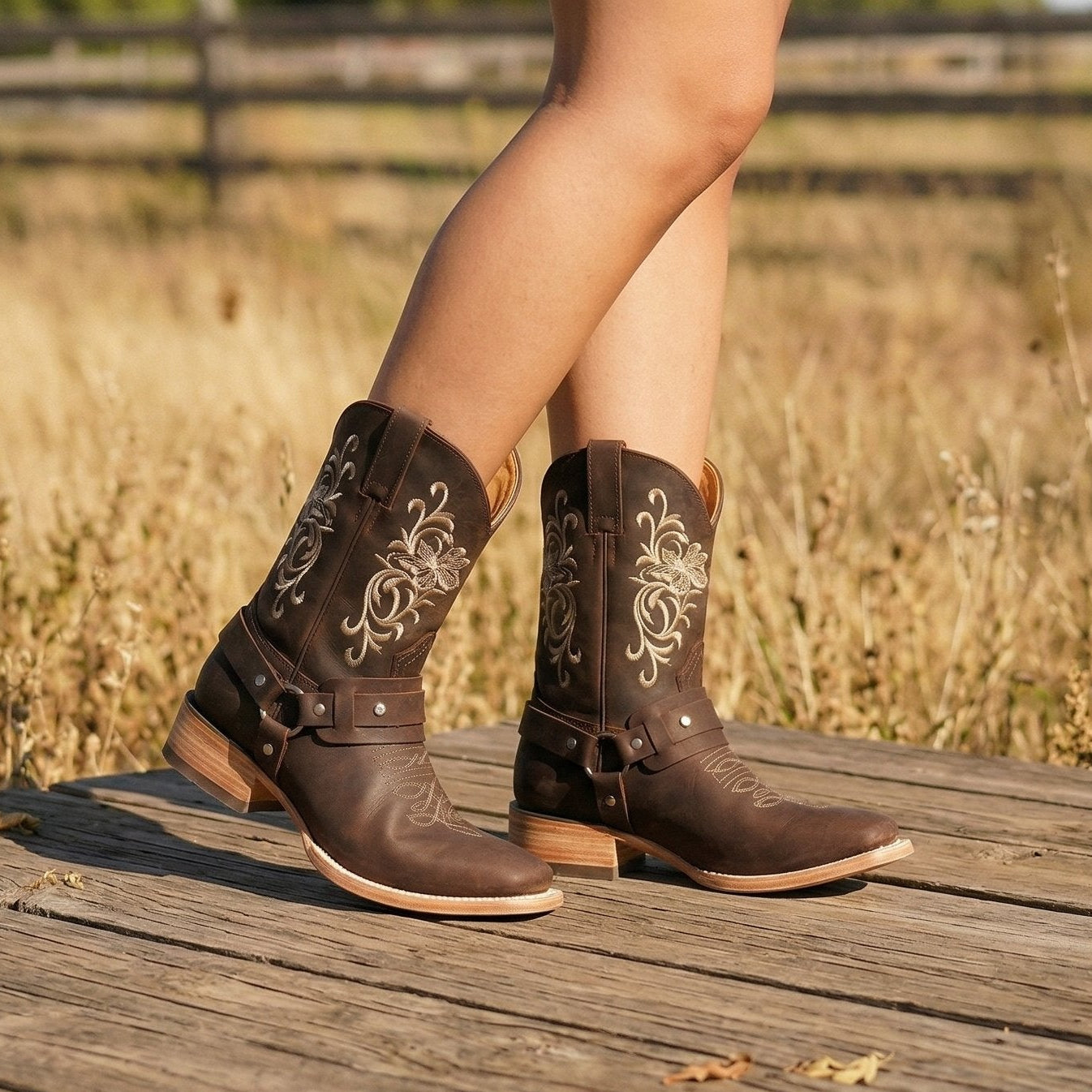 Women’s Floral Embroidered Harness Square Toe Cowgirl Boot