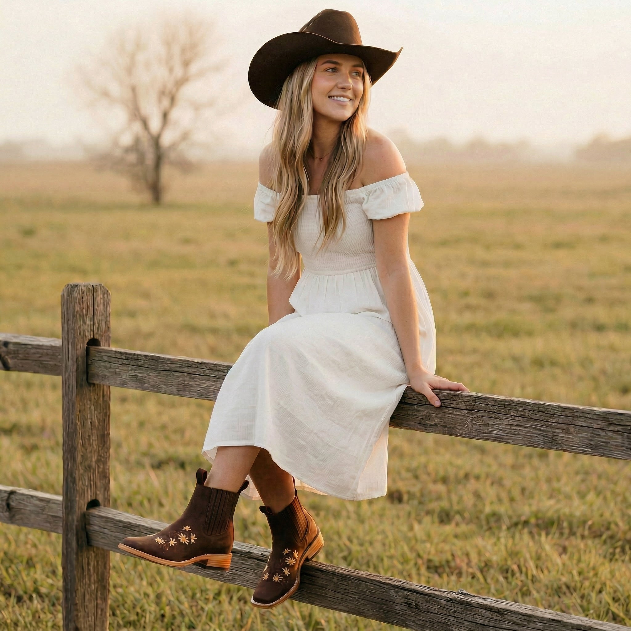 Women’s Short Ankle Leather Boot Low Heel Floral Detail