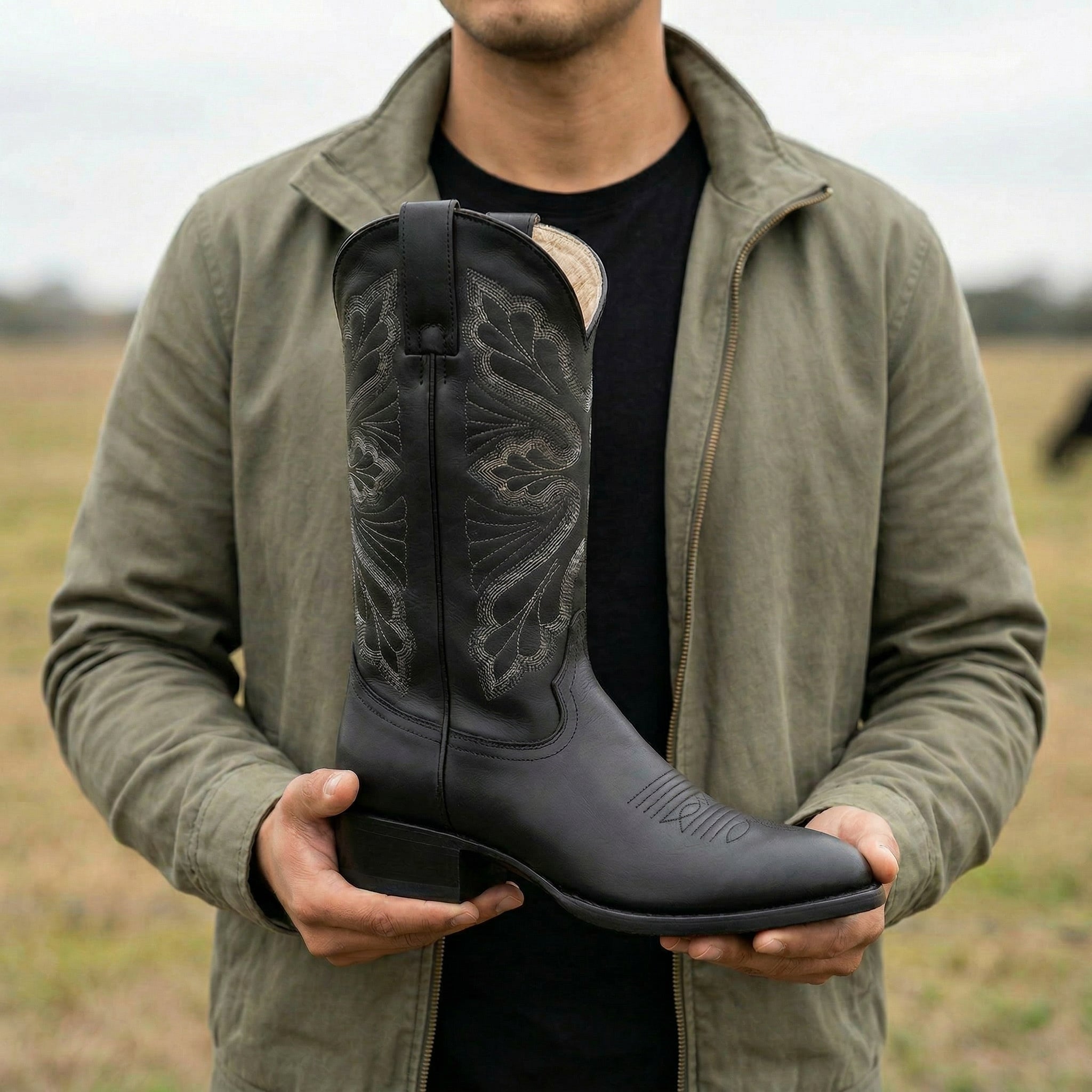 Men’s Genuine Leather Round Toe Embroidered Mid-Calf Cowboy Boot