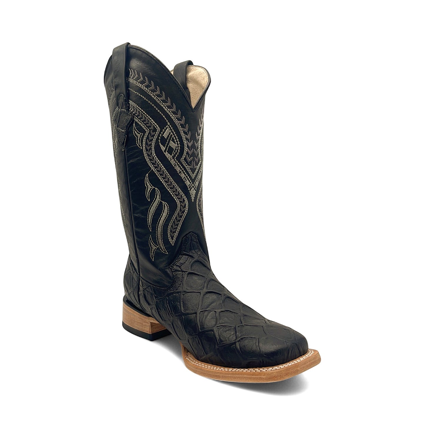 Men’s Leather Western Boot Pirarucu Fish Print Square Toe Mid-Calf