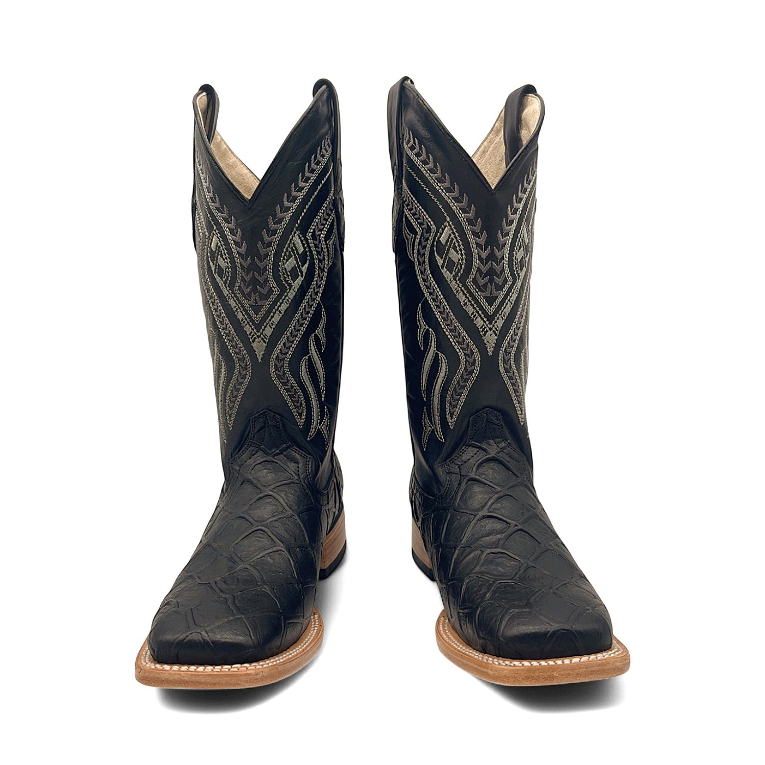 Men’s Leather Western Boot Pirarucu Fish Print Square Toe Mid-Calf