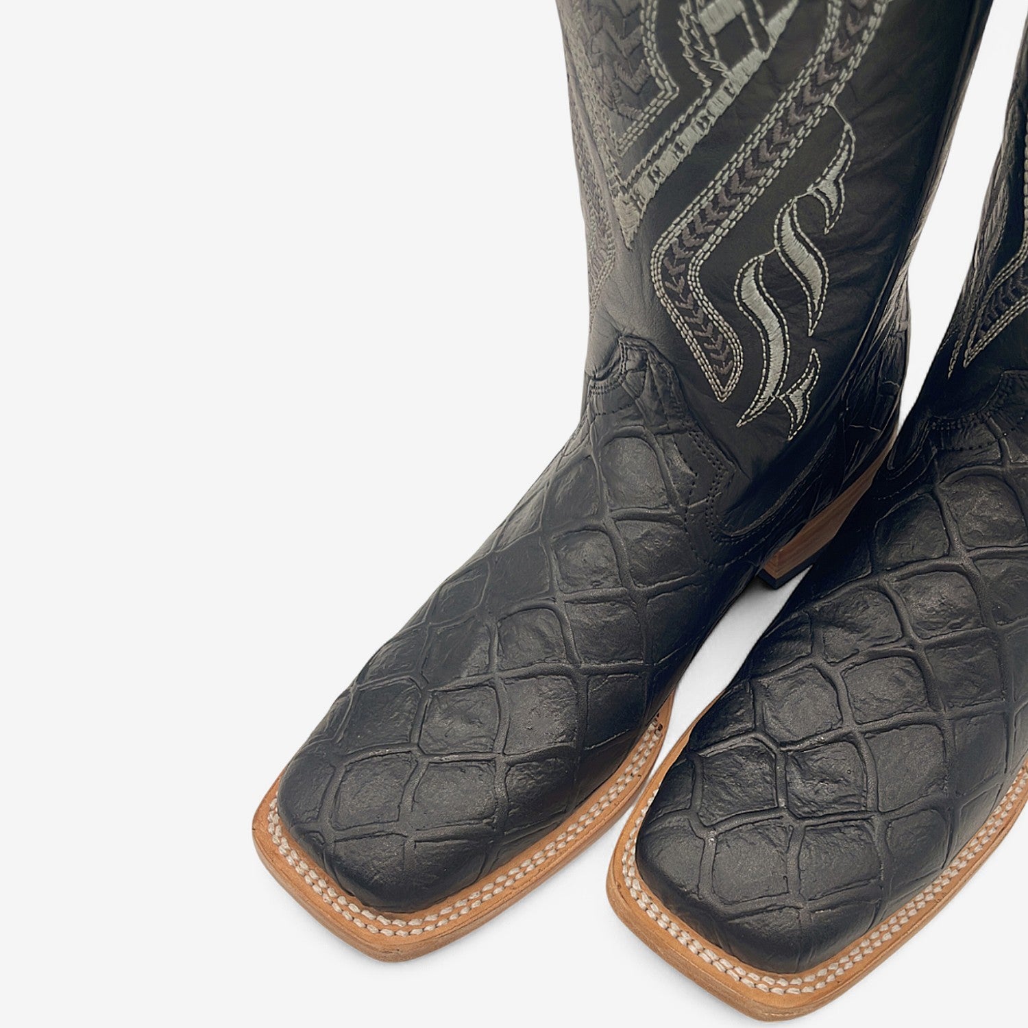 Men’s Leather Western Boot Pirarucu Fish Print Square Toe Mid-Calf