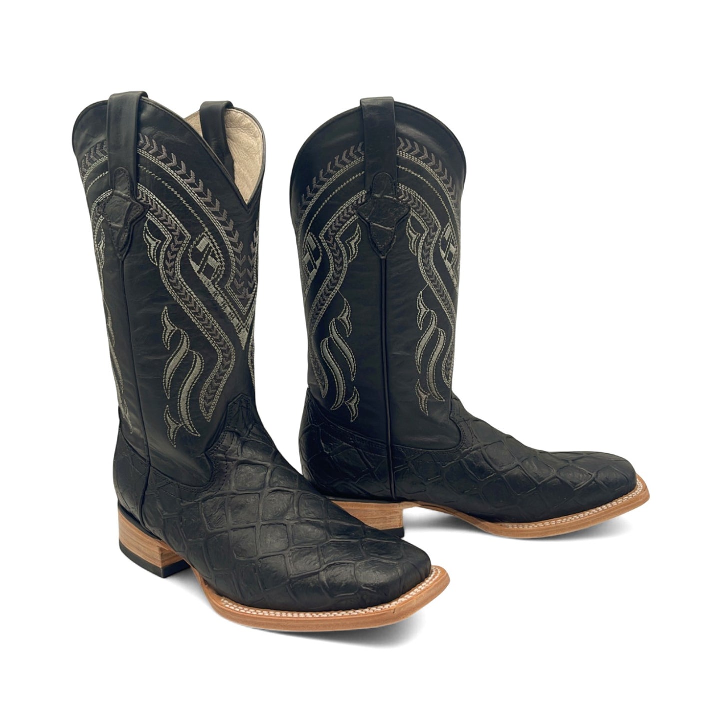 Men’s Leather Western Boot Pirarucu Fish Print Square Toe Mid-Calf