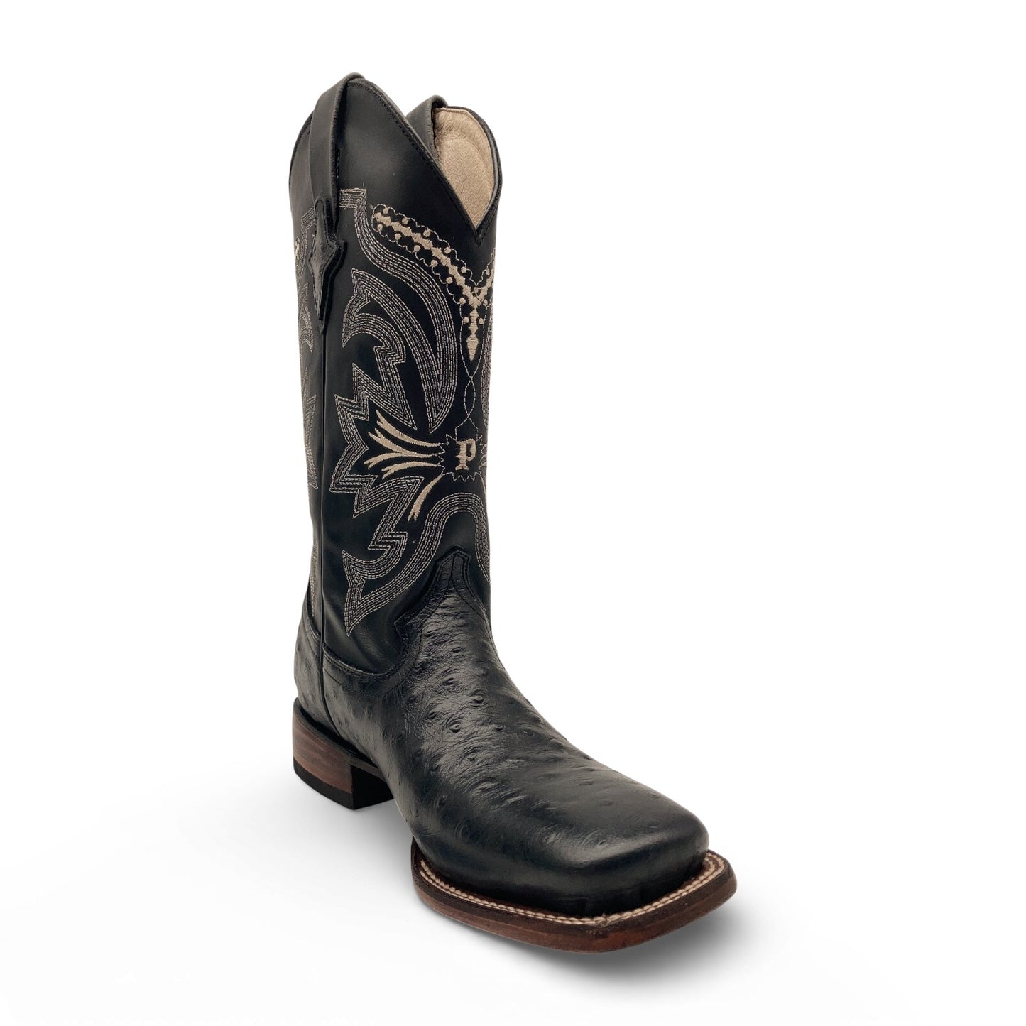 Men’s Leather Cowboy Boot Square Toe Embossed Ostrich Print Western Boot