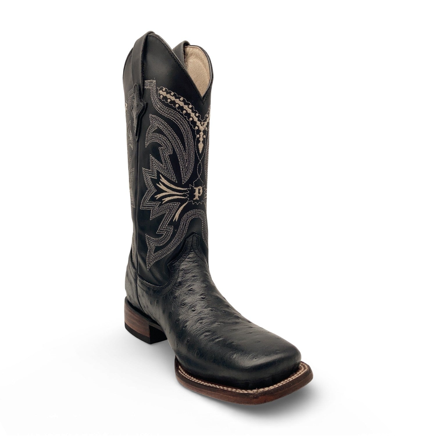 Men’s Leather Cowboy Boot Square Toe Embossed Ostrich Print Western Boot