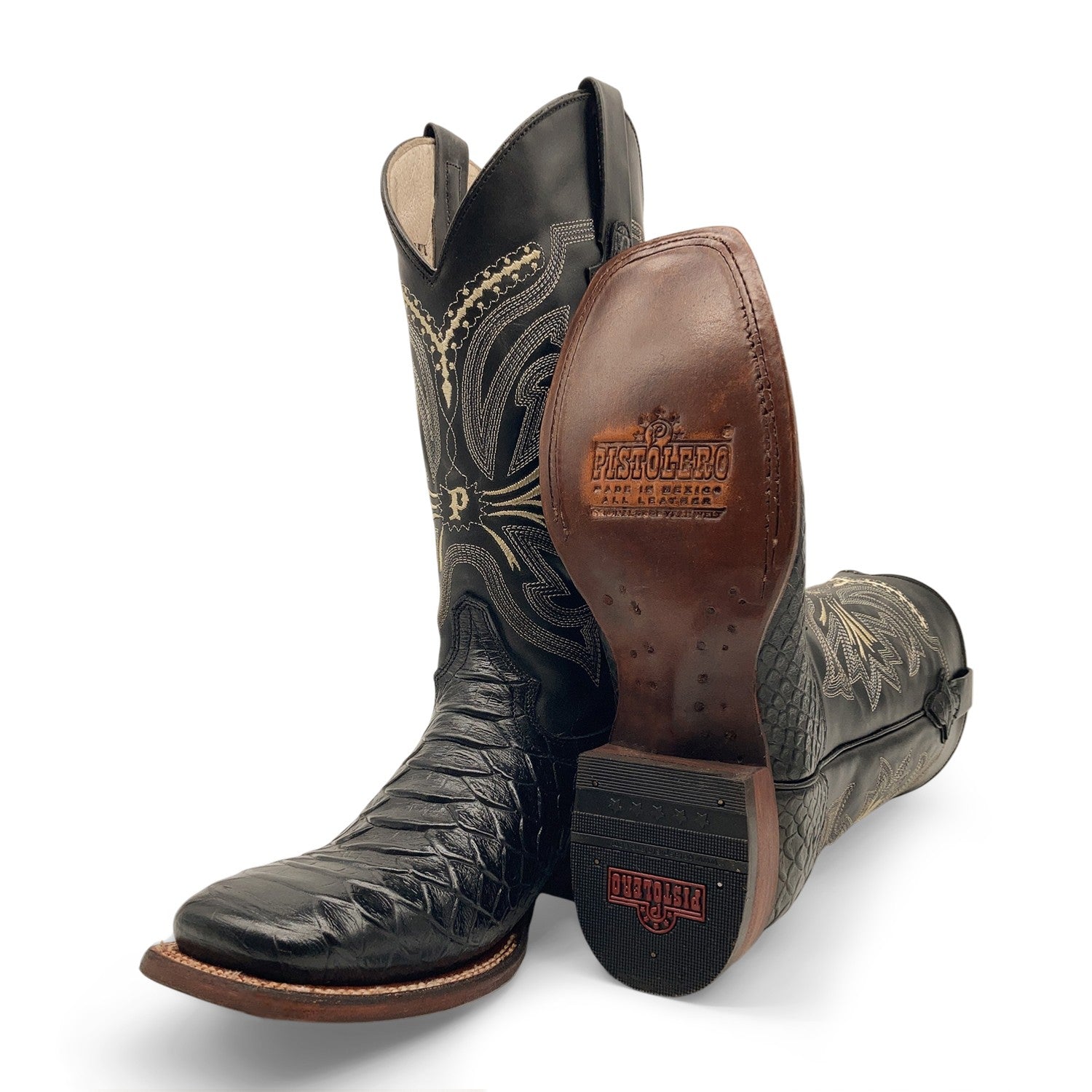 Men’s Leather Cowboy Boot Square Toe Embossed Python Print