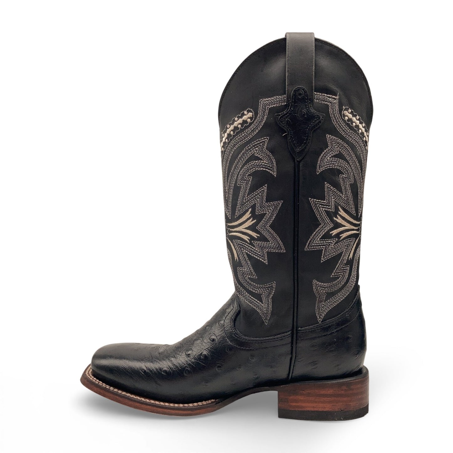 Men’s Leather Cowboy Boot Square Toe Embossed Ostrich Print Western Boot