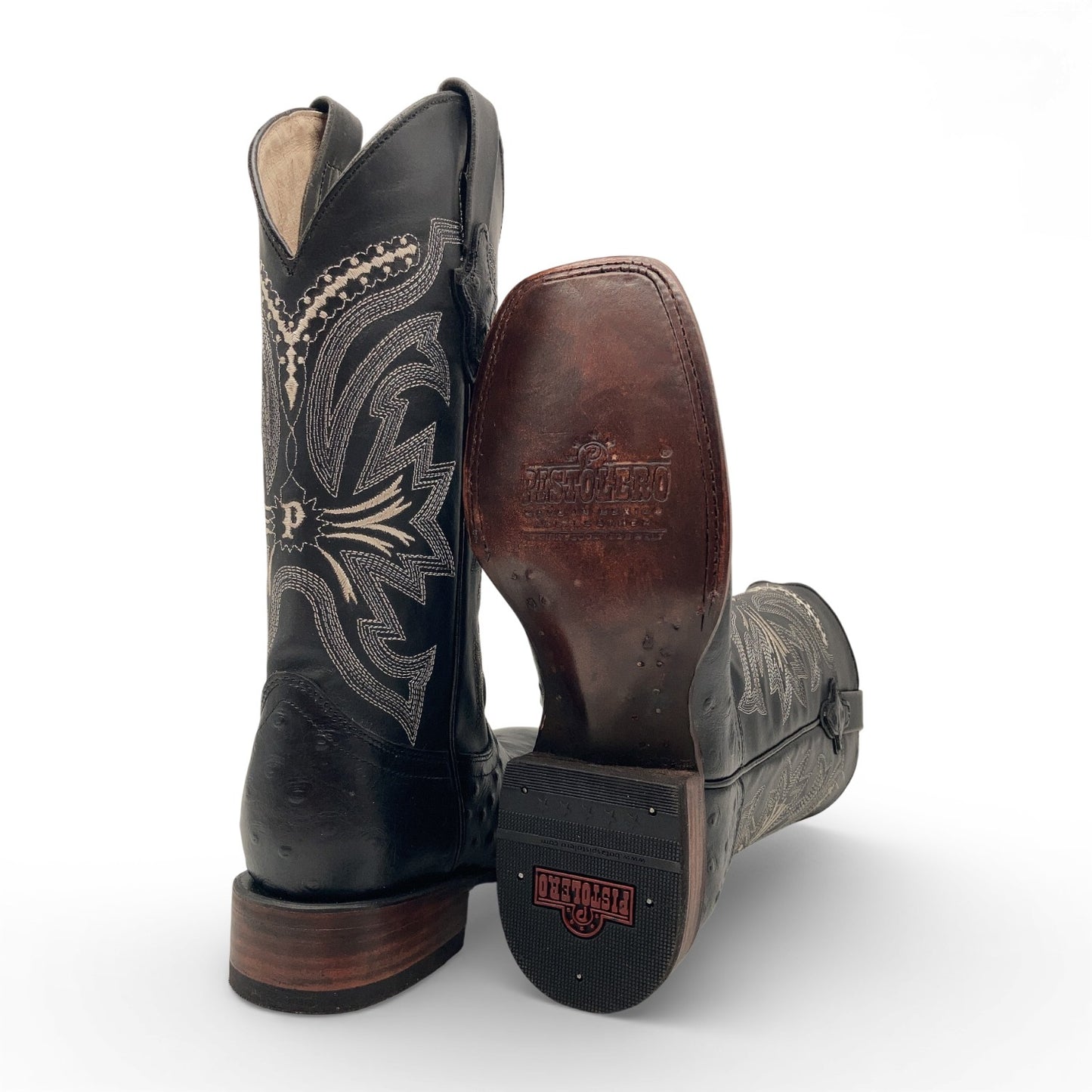 Men’s Leather Cowboy Boot Square Toe Embossed Ostrich Print Western Boot