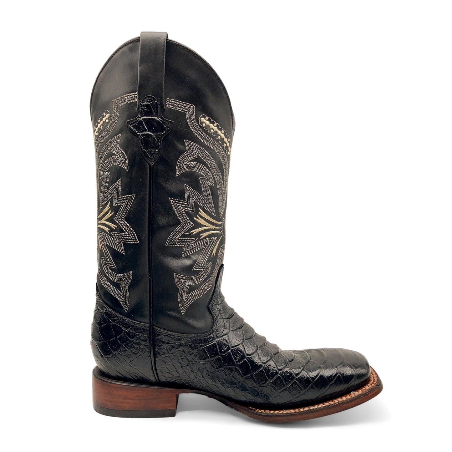 Men’s Leather Cowboy Boot Square Toe Embossed Python Print