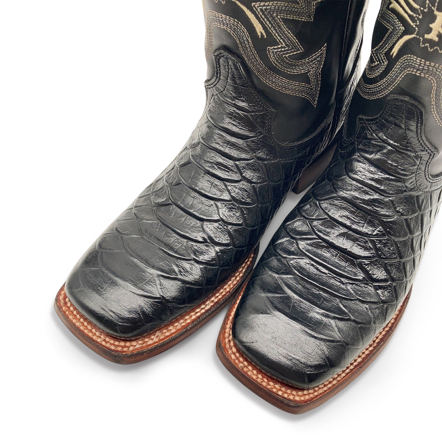 Men’s Leather Cowboy Boot Square Toe Embossed Python Print