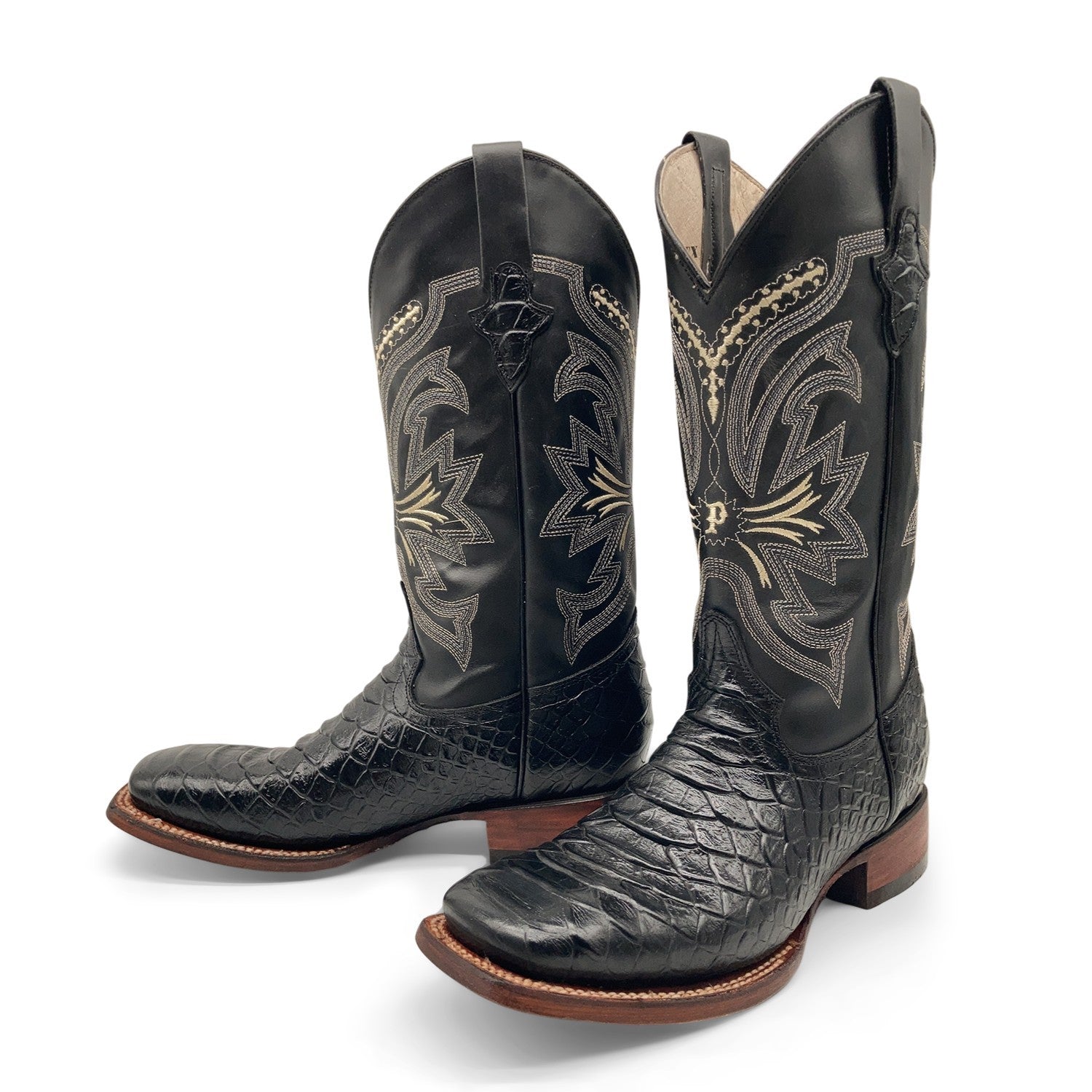 Men’s Leather Cowboy Boot Square Toe Embossed Python Print