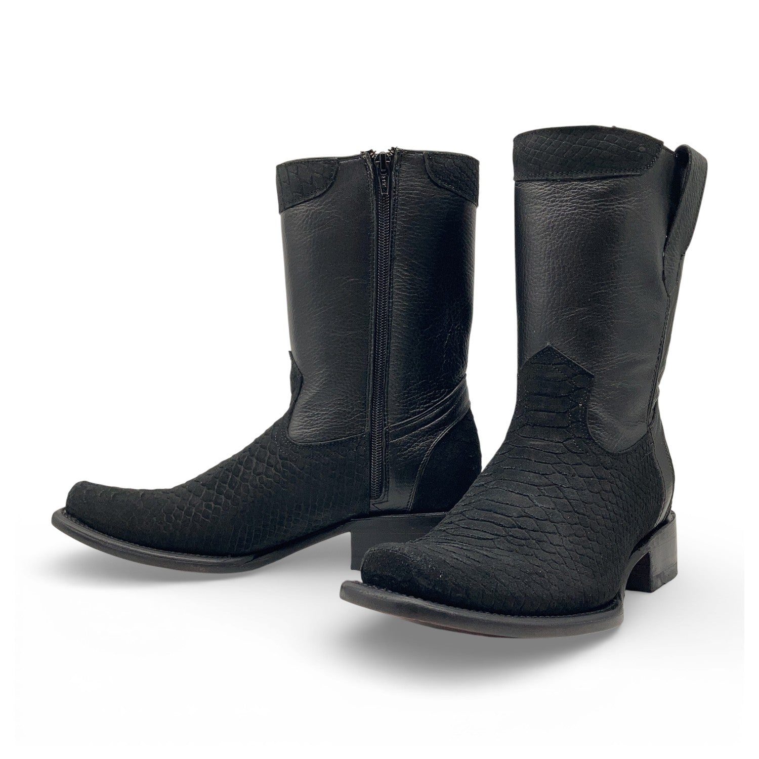 Men’s Python Print Leather Cowboy Boot with a Full Side Zipper, Dubai Square Toe