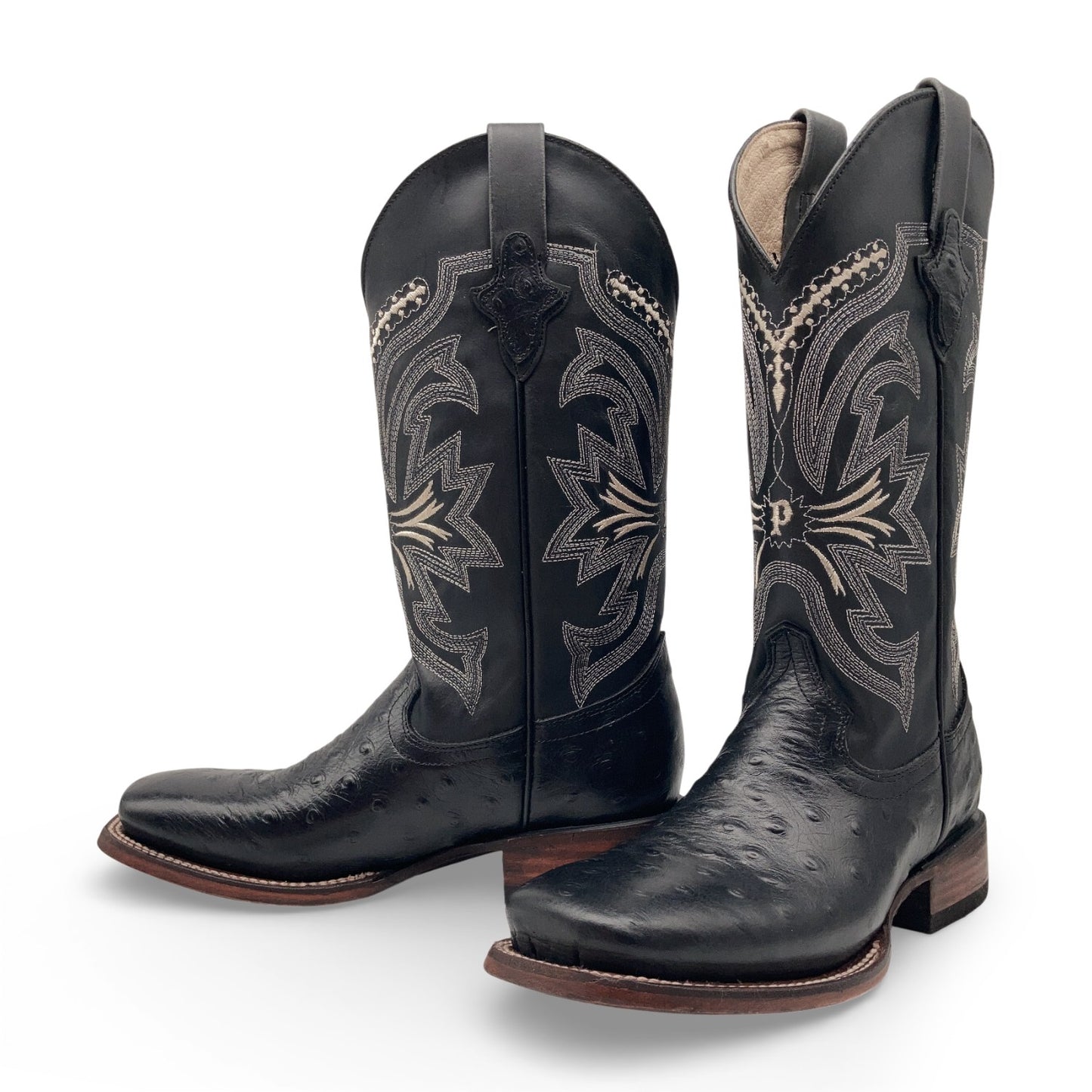 Men’s Leather Cowboy Boot Square Toe Embossed Ostrich Print Western Boot