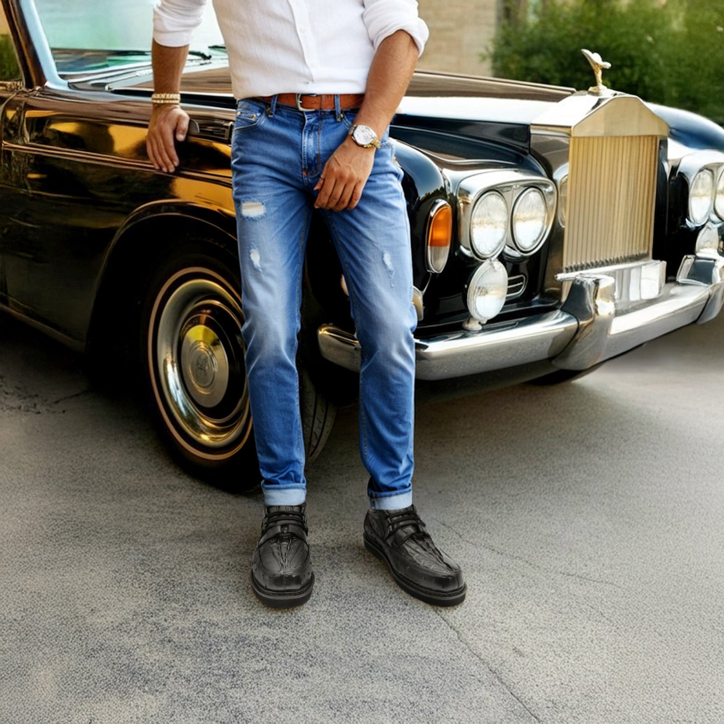 Men's Embossed Crocodile Ostrich Print Leather Lace Up Shoe