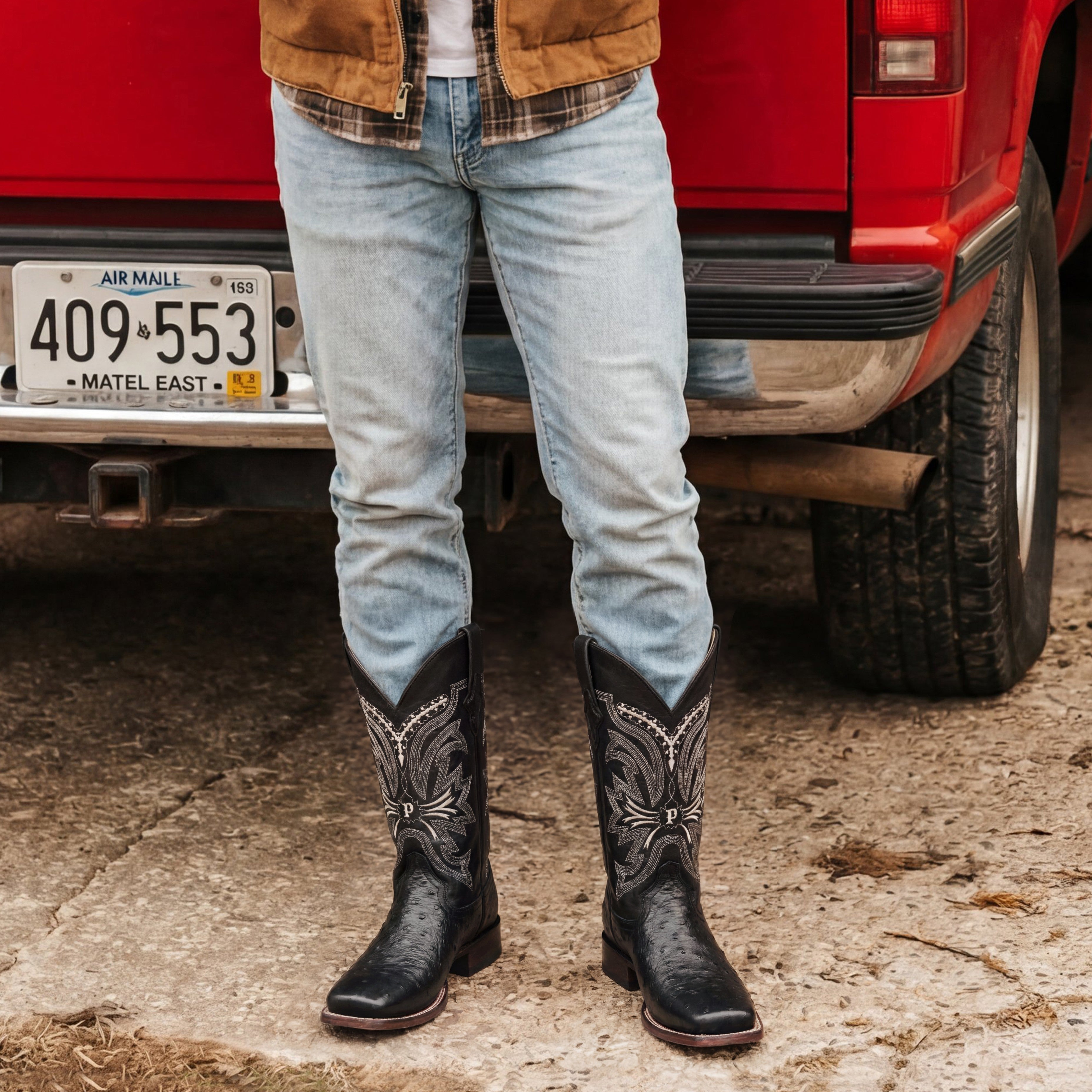 Men’s Leather Cowboy Boot Square Toe Embossed Ostrich Print Western Boot
