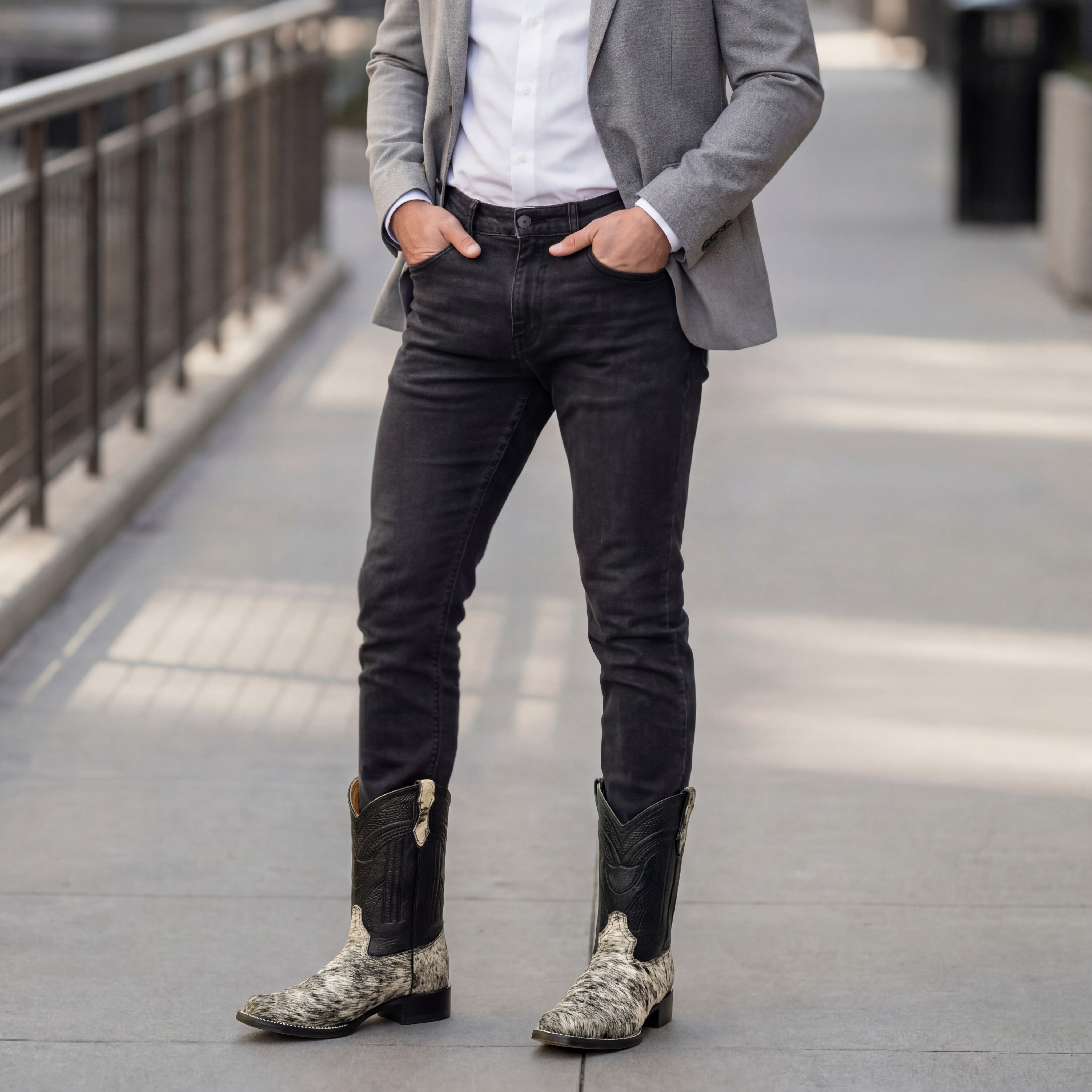 Men’s Leather Midcalf Square Toe Western Boot with Calf Cow Hair