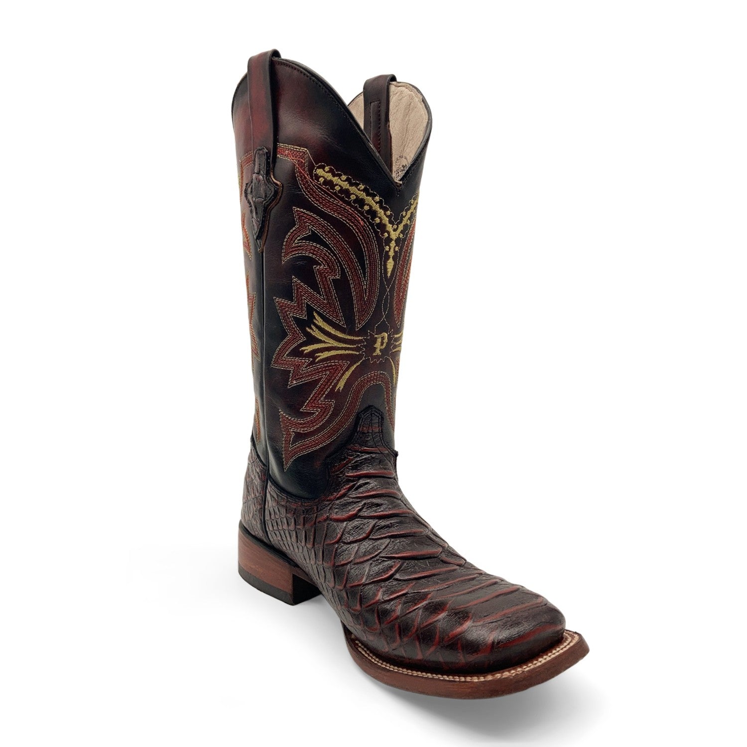 Men’s Leather Cowboy Boot Square Toe Embossed Python Print