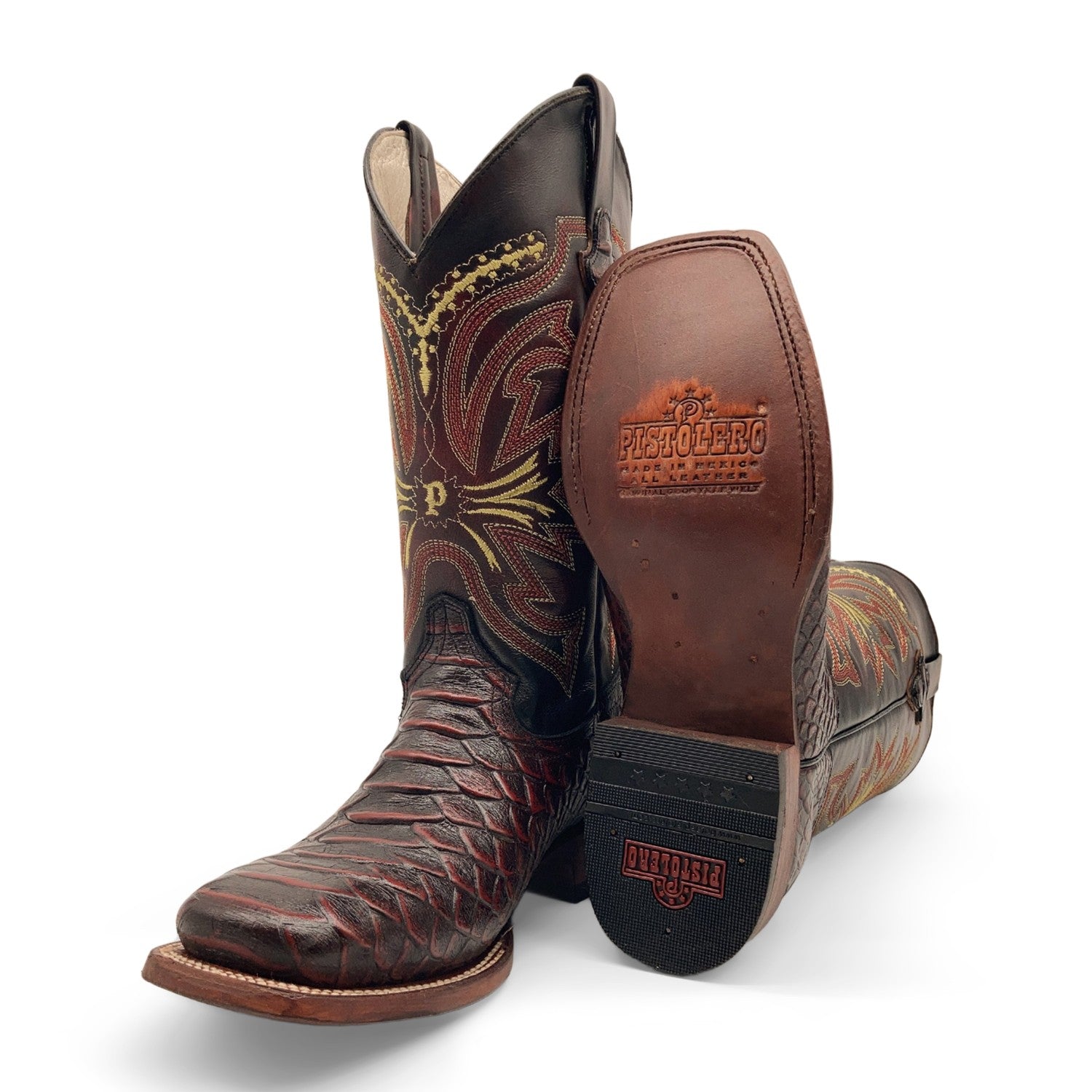 Men’s Leather Cowboy Boot Square Toe Embossed Python Print