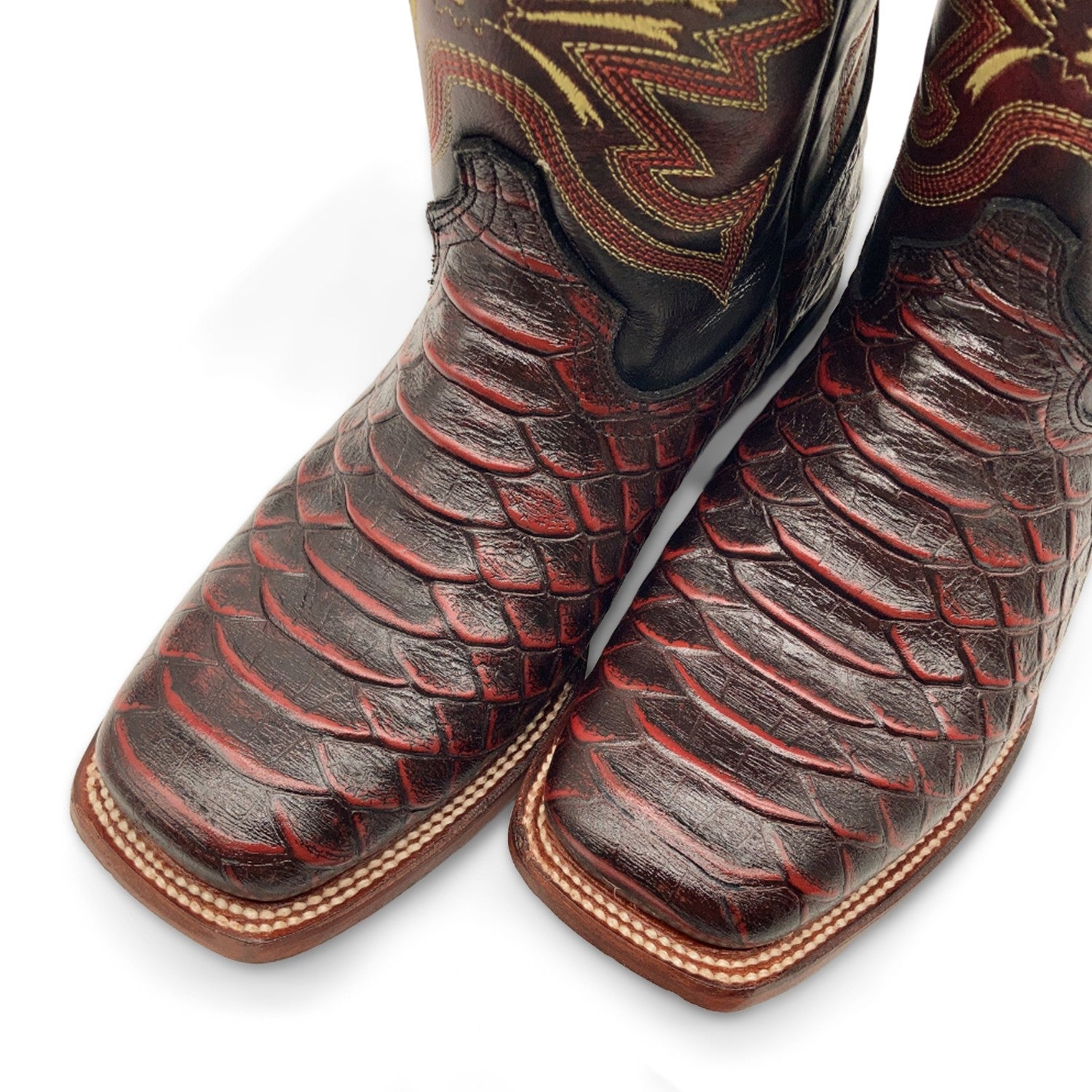 Men’s Leather Cowboy Boot Square Toe Embossed Python Print