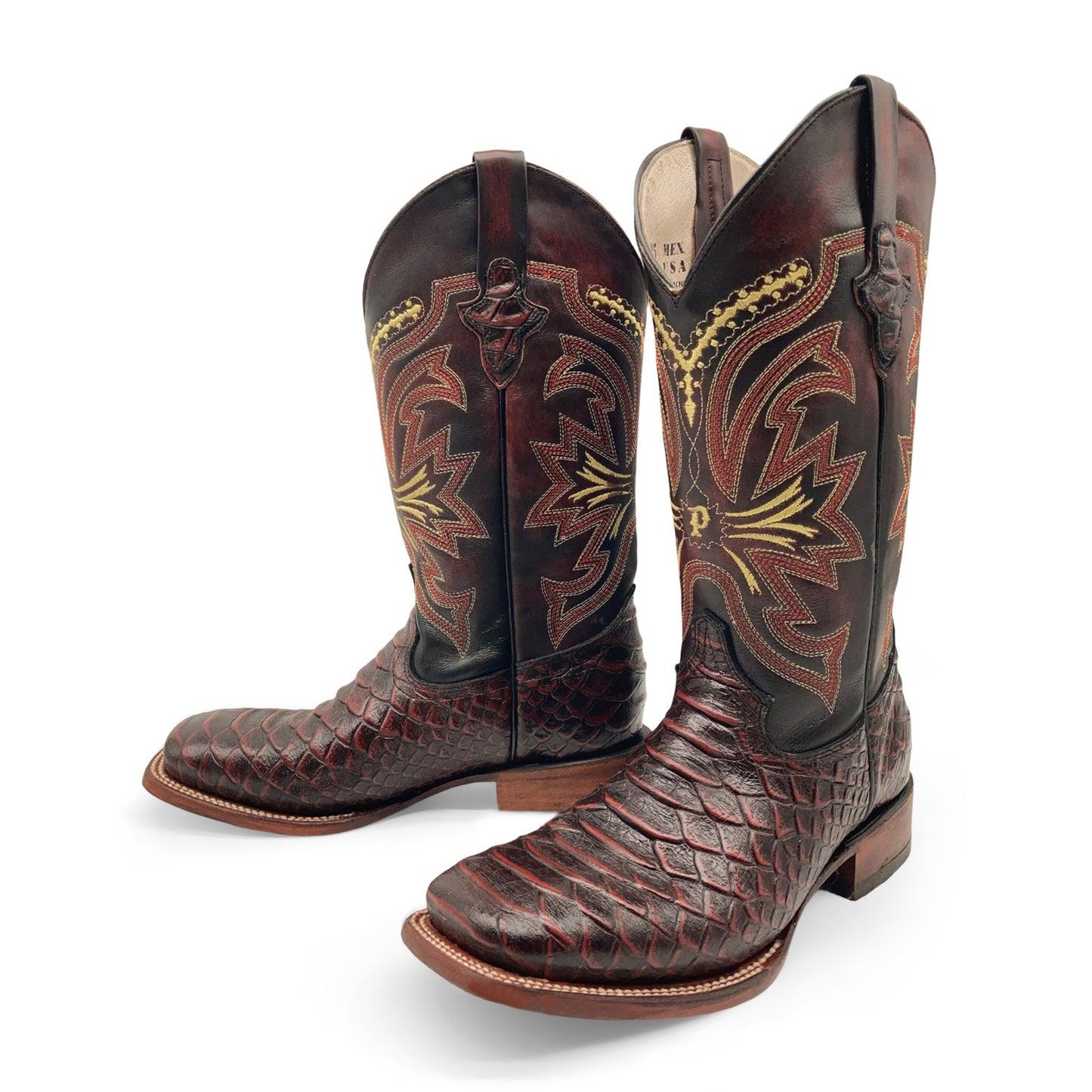 Men’s Leather Cowboy Boot Square Toe Embossed Python Print