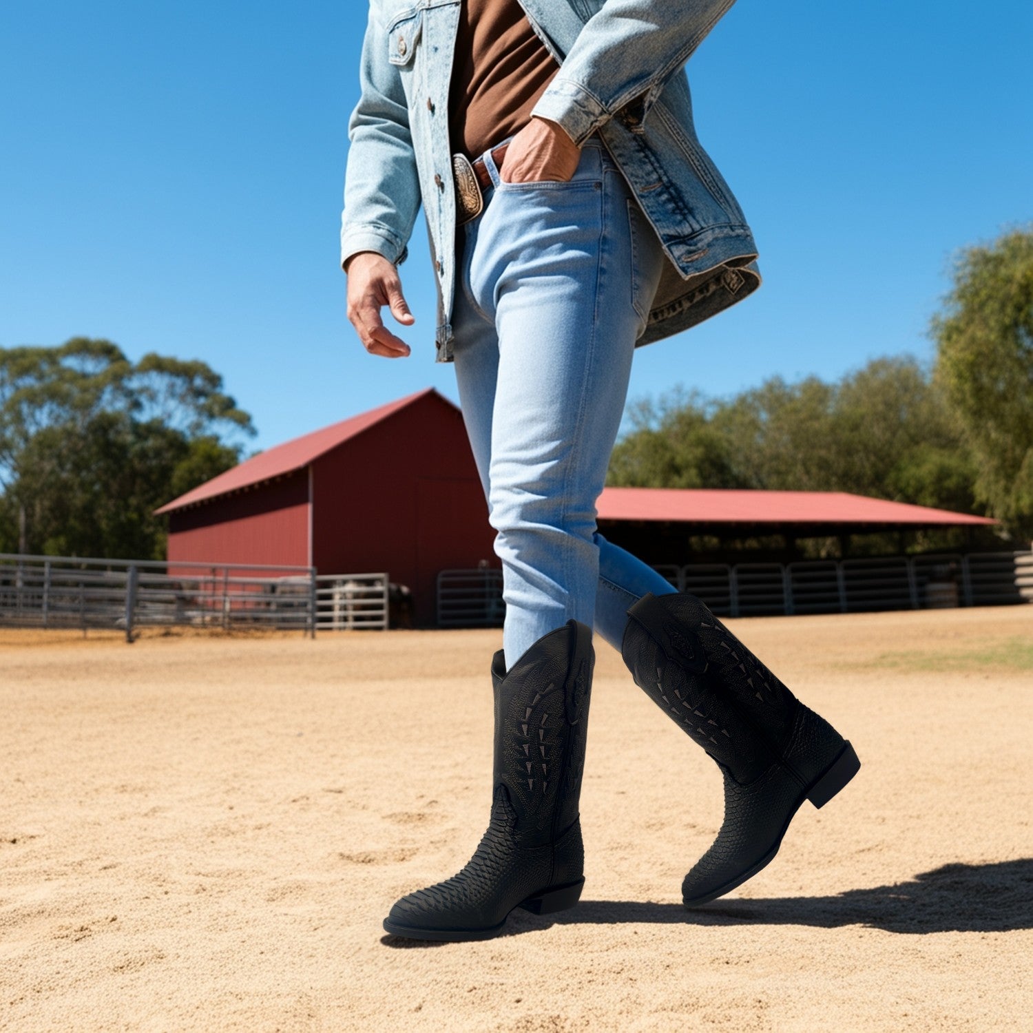 Men’s Leather Embossed Python Print J Toe Western Boot