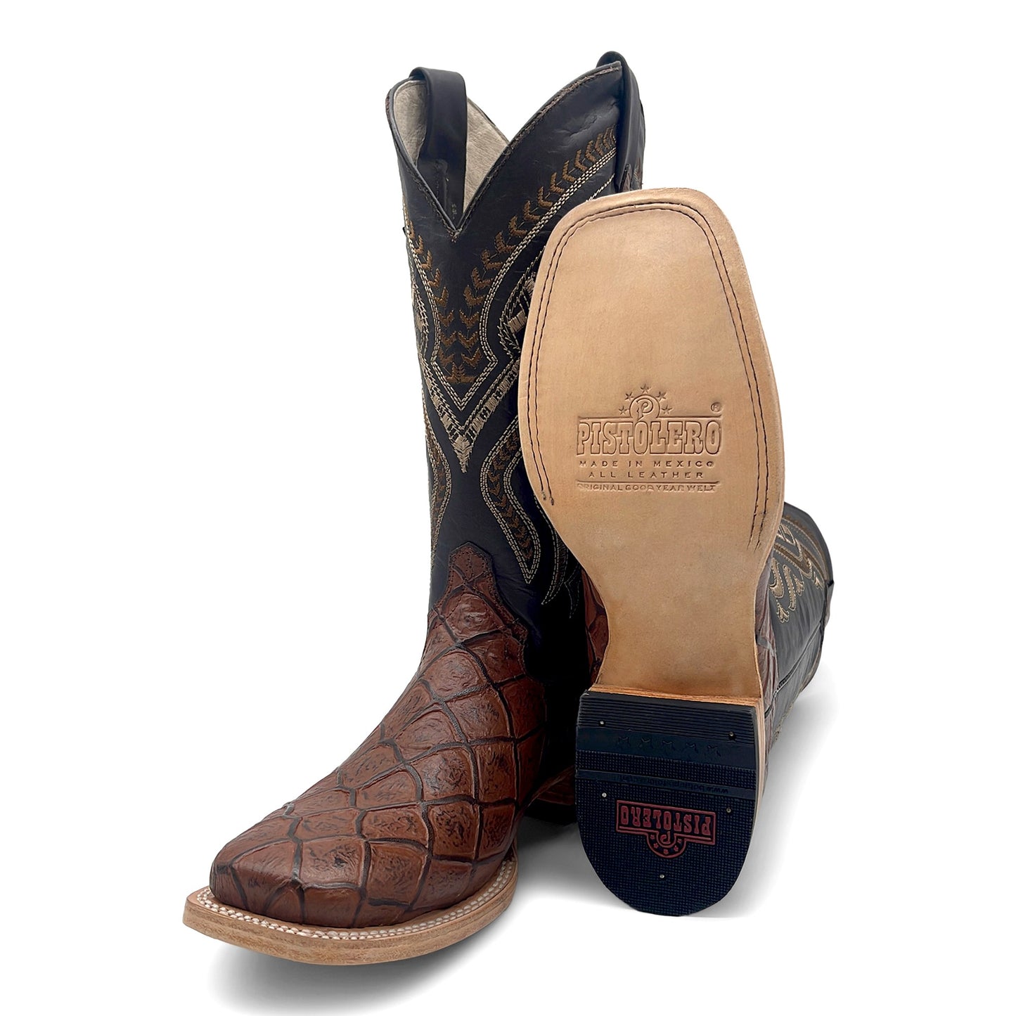 Men’s Leather Western Boot Pirarucu Fish Print Square Toe Mid-Calf