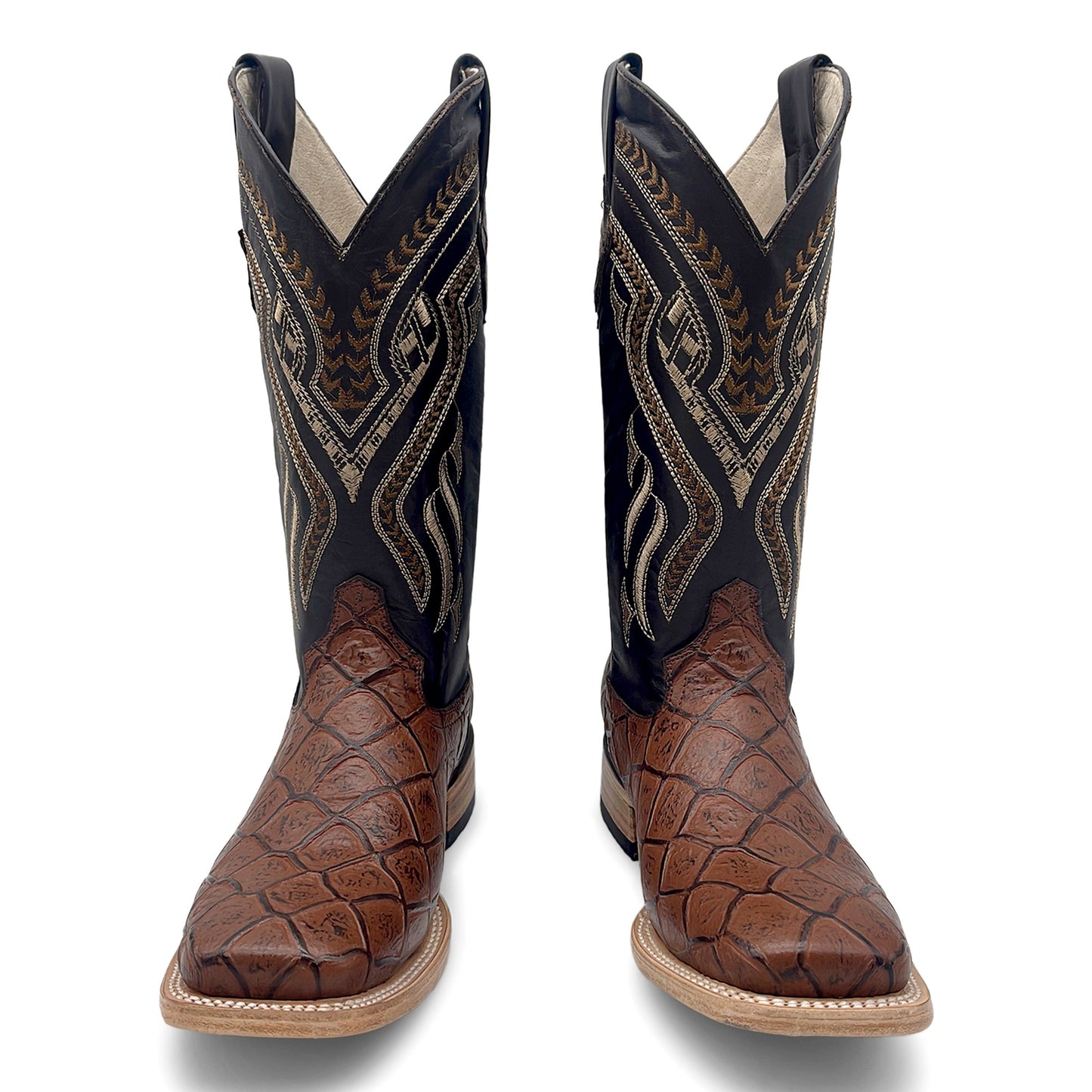 Men’s Leather Western Boot Pirarucu Fish Print Square Toe Mid-Calf