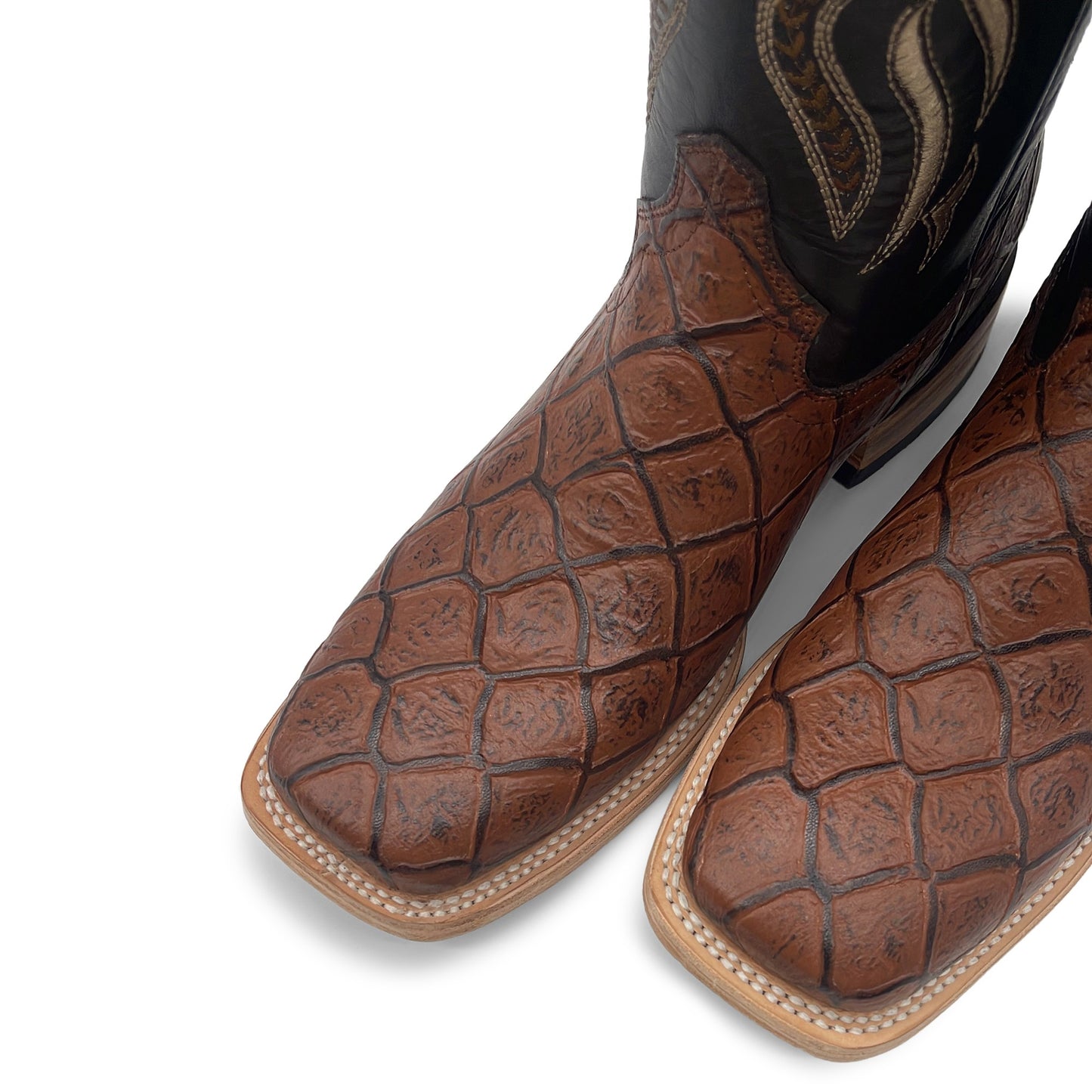 Men’s Leather Western Boot Pirarucu Fish Print Square Toe Mid-Calf