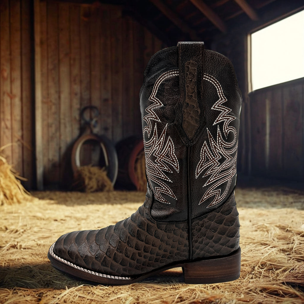 Men's Leather Exotic Python Print Square Toe Cowboy Boot