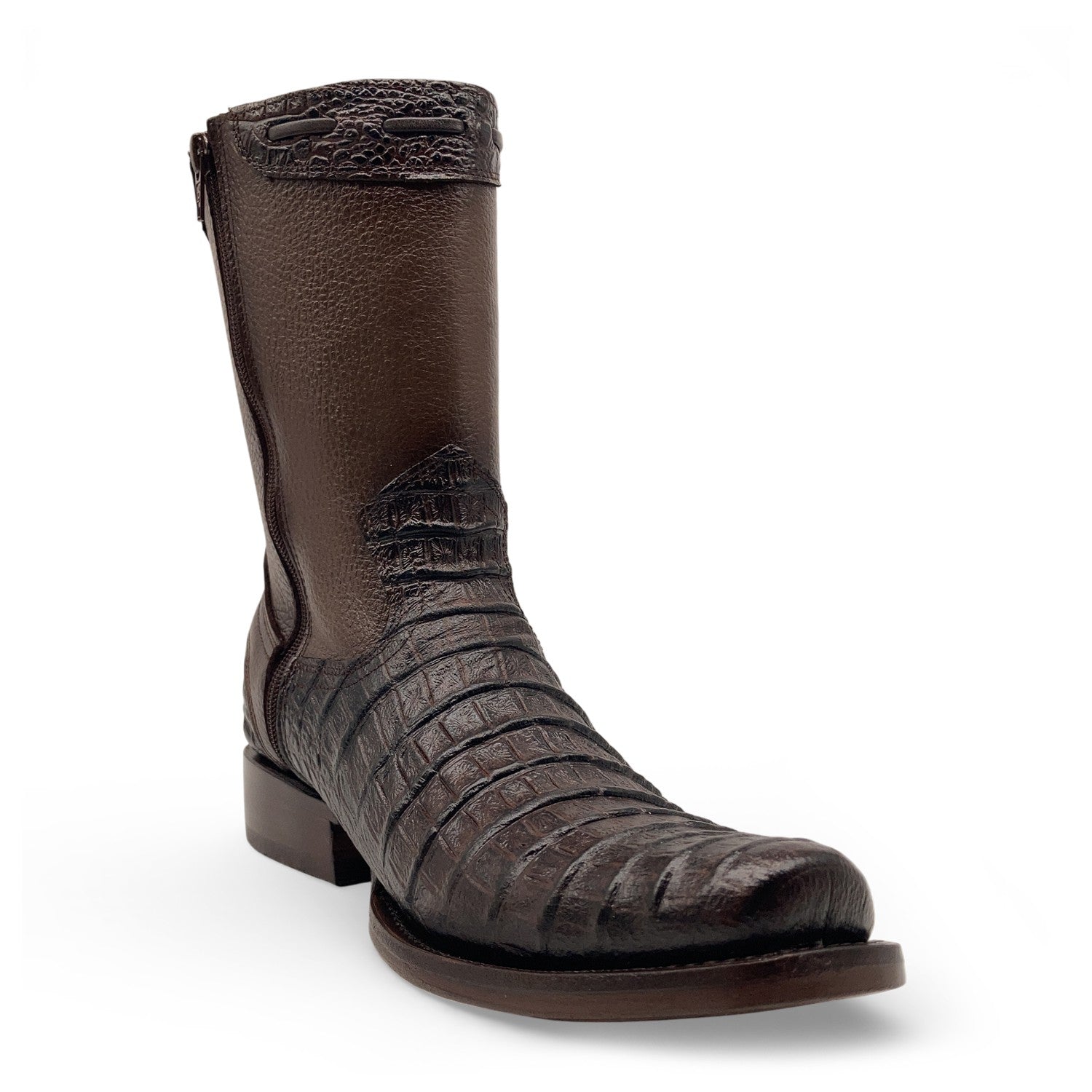 Men’s Caiman Print, Square Toe, Leather Cowboy Boot, with a Full Side Zipper