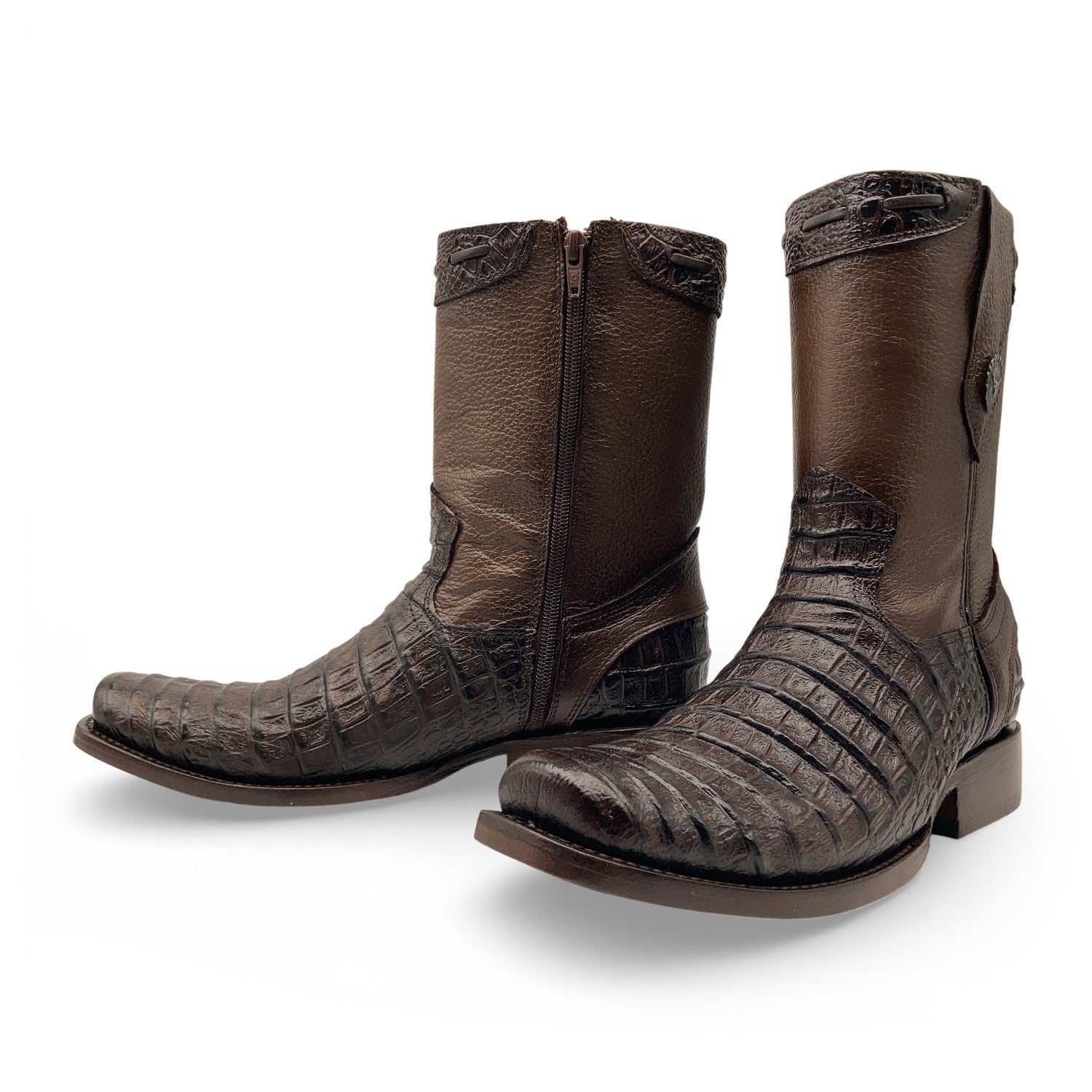 Men’s Caiman Print, Square Toe, Leather Cowboy Boot, with a Full Side Zipper
