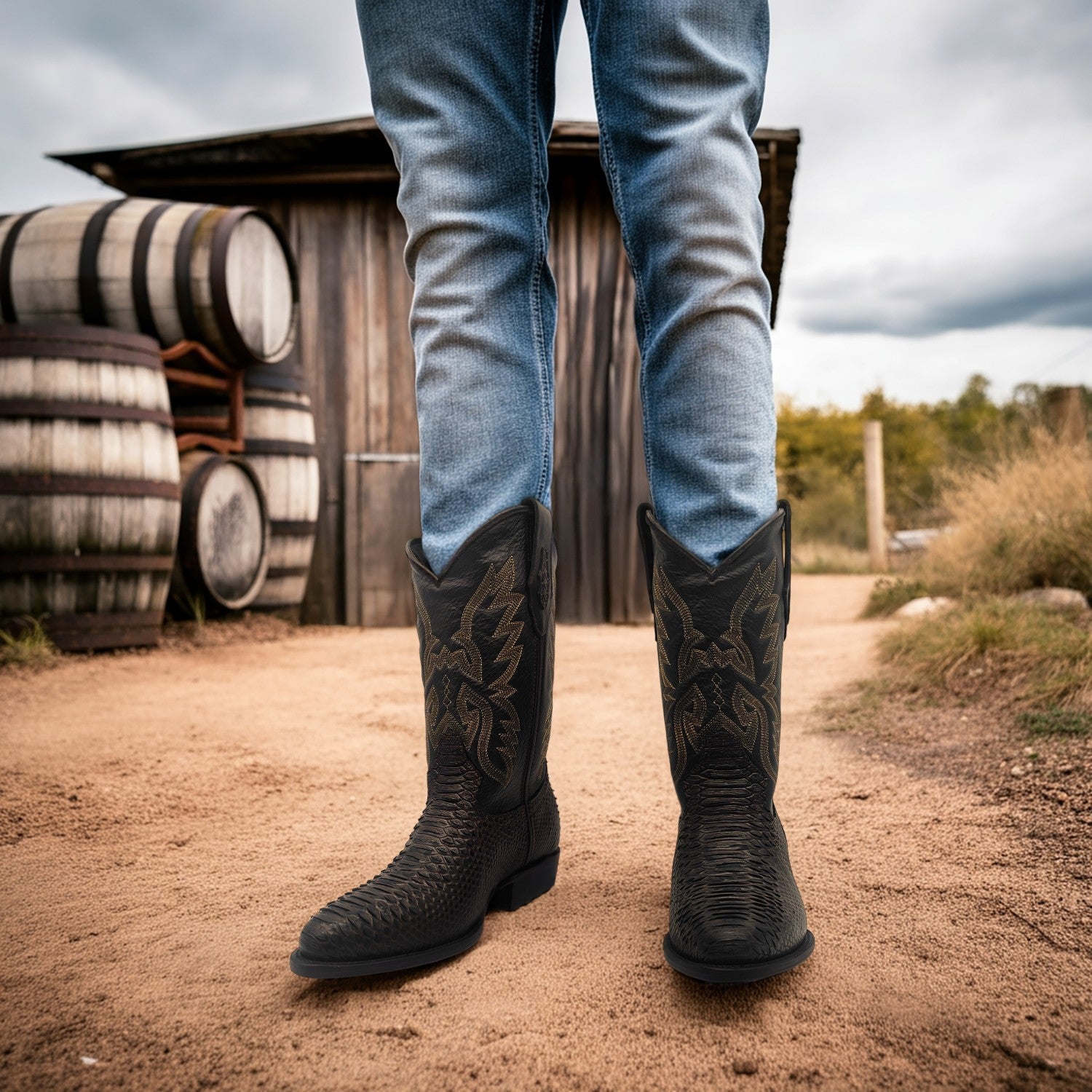 Men’s Leather Embossed Python Print J Toe Western Boot