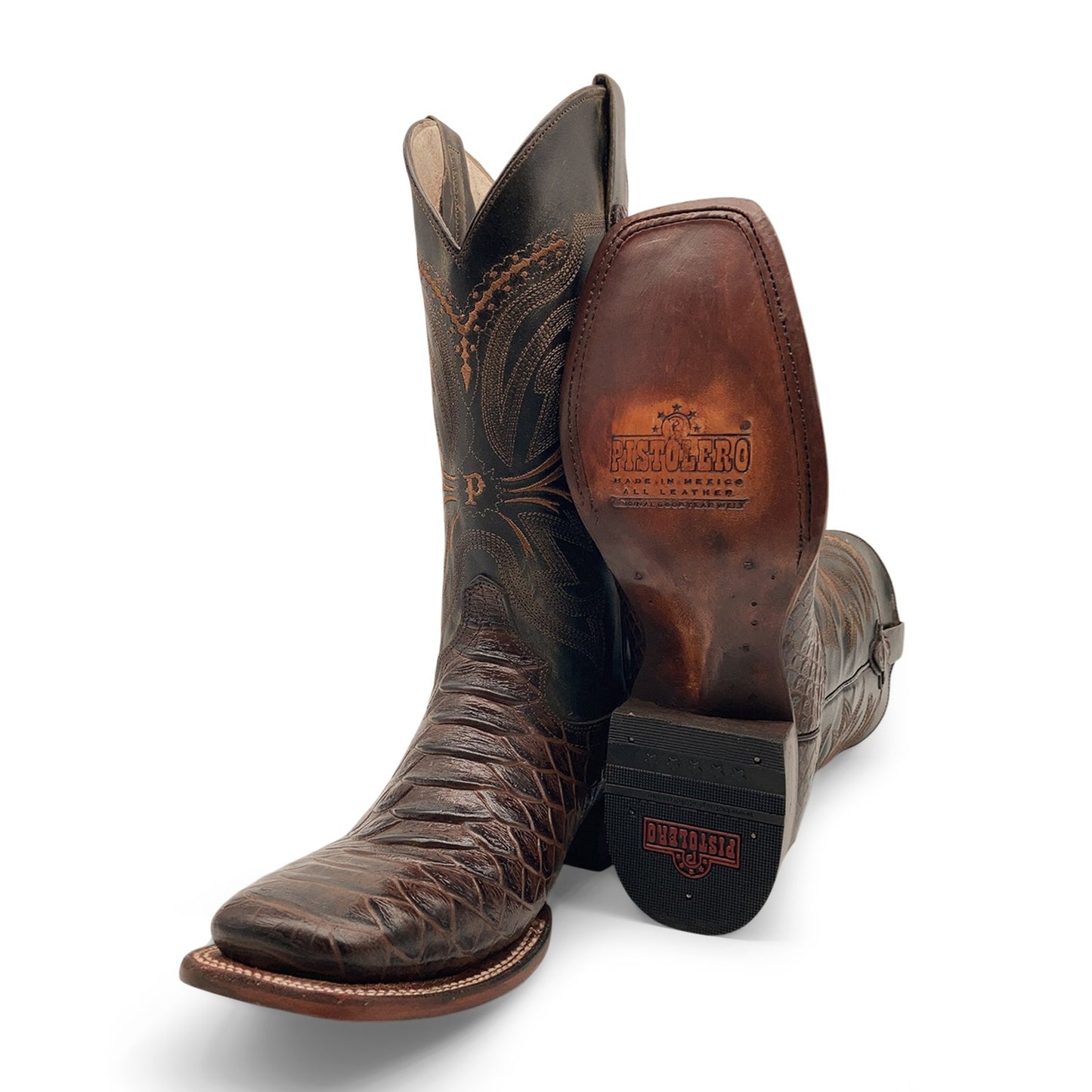 Men’s Leather Cowboy Boot Square Toe Embossed Python Print