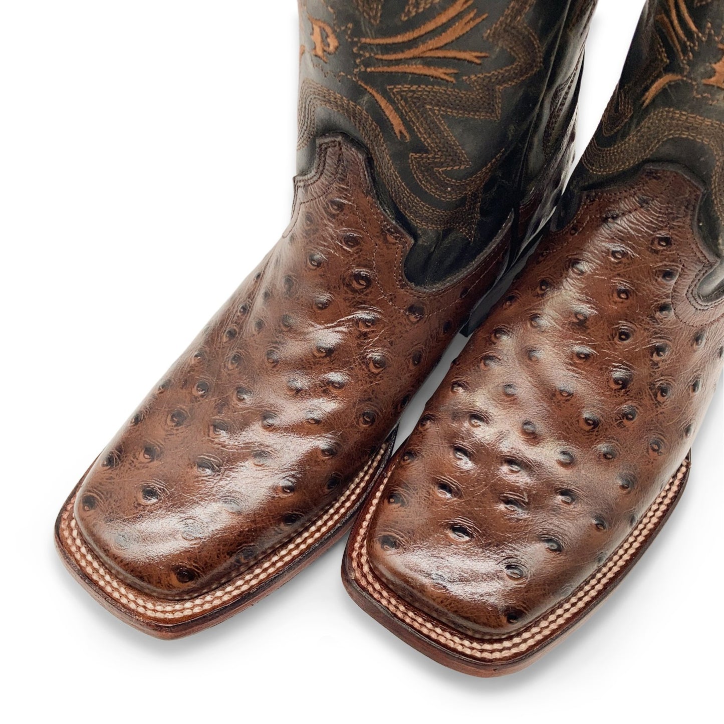 Men’s Leather Cowboy Boot Square Toe Embossed Ostrich Print Western Boot