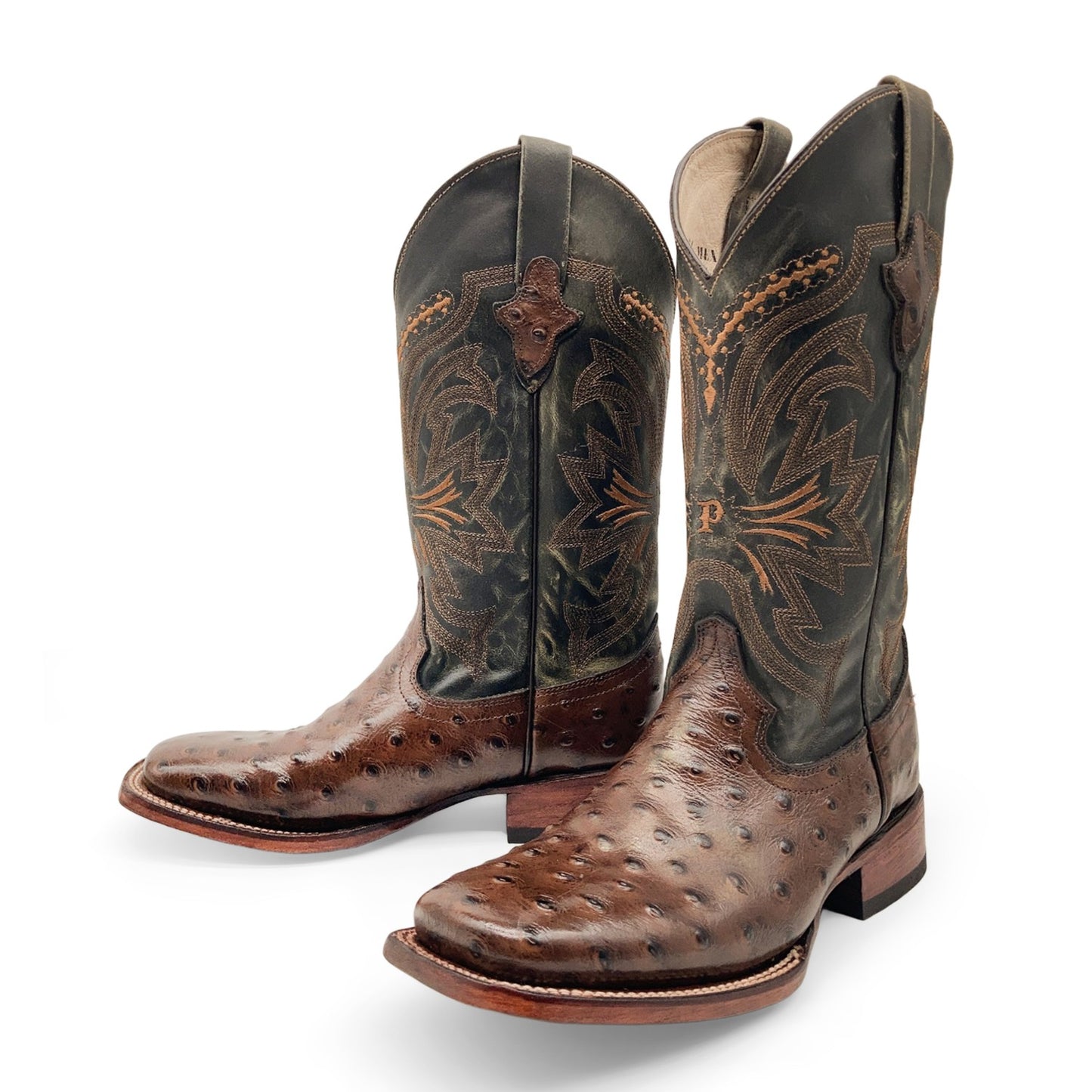 Men’s Leather Cowboy Boot Square Toe Embossed Ostrich Print Western Boot