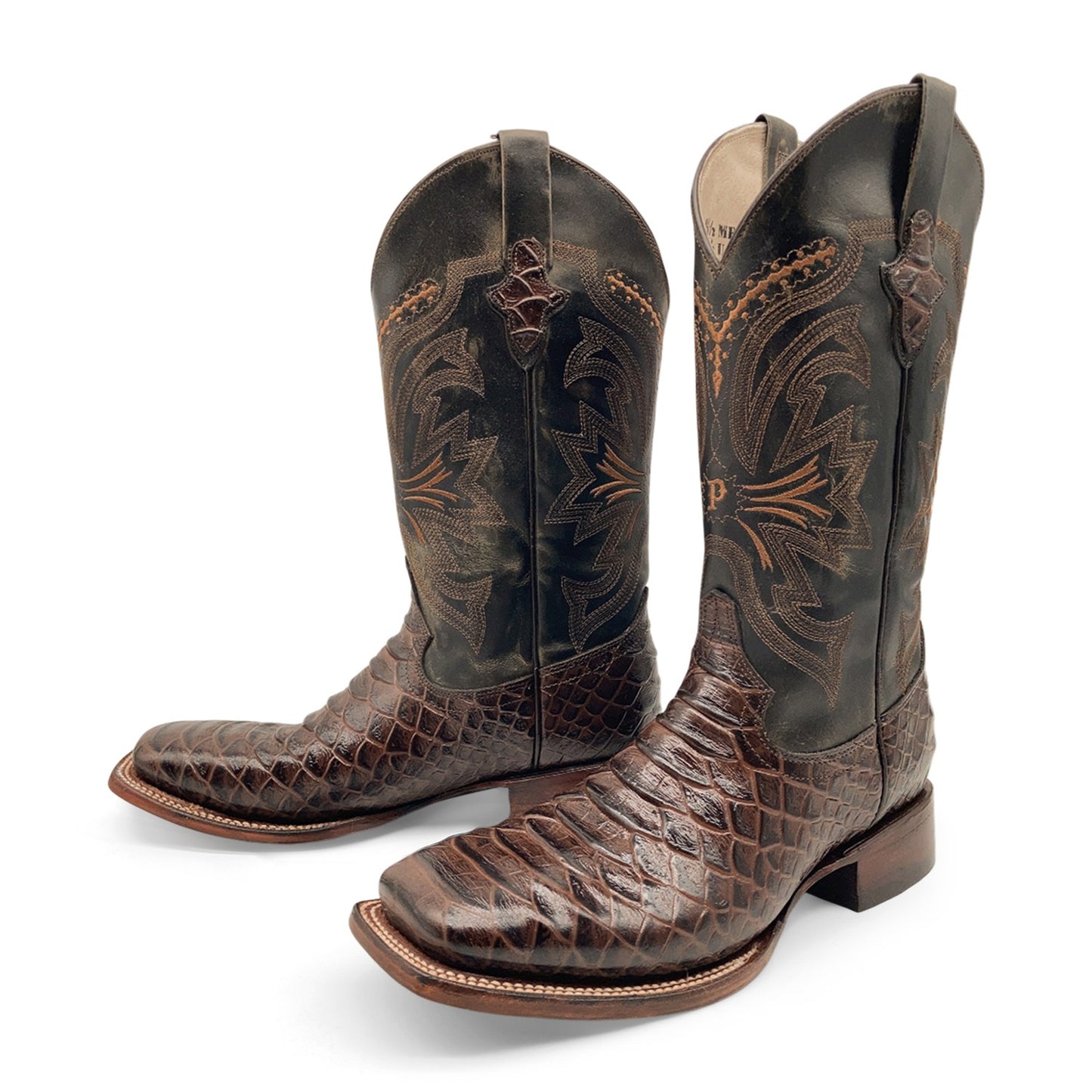 Men’s Leather Cowboy Boot Square Toe Embossed Python Print