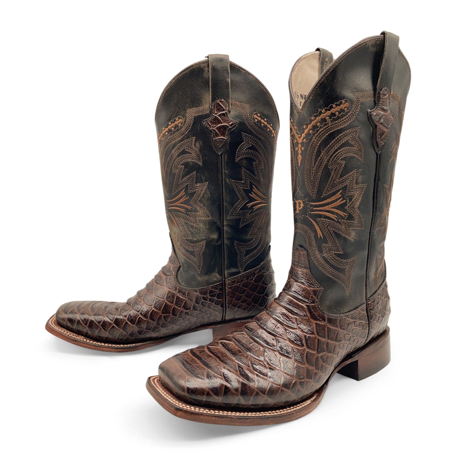 Men’s Leather Cowboy Boot Square Toe Embossed Python Print