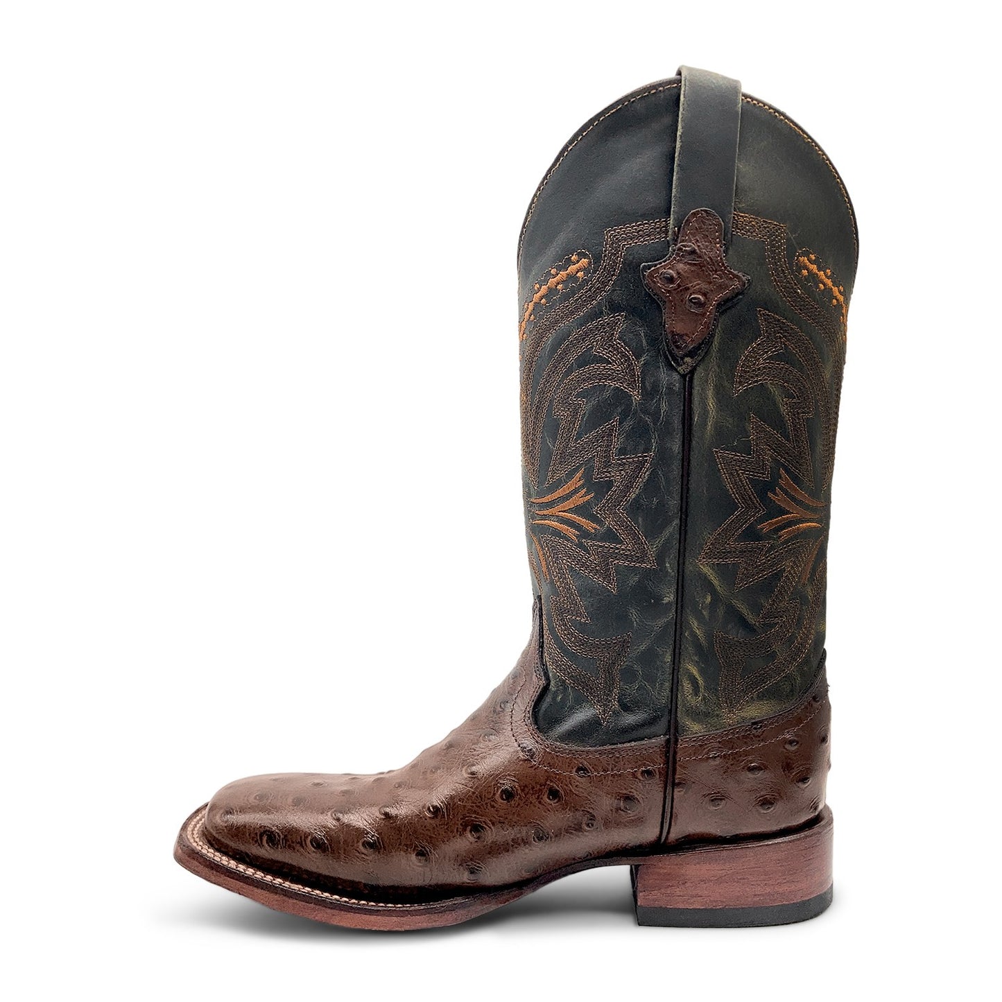 Men’s Leather Cowboy Boot Square Toe Embossed Ostrich Print Western Boot