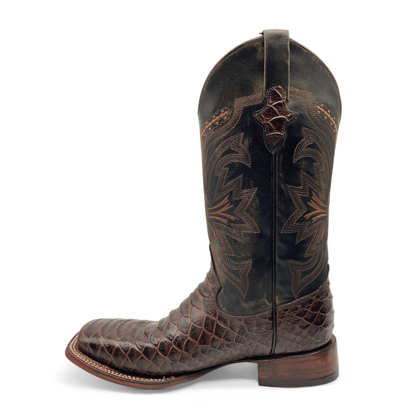 Men’s Leather Cowboy Boot Square Toe Embossed Python Print