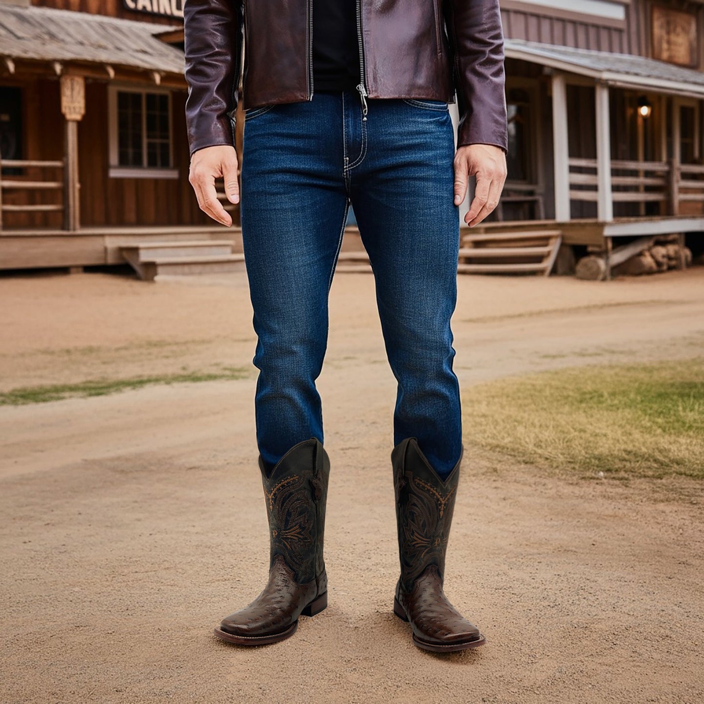 Men’s Leather Cowboy Boot Square Toe Embossed Ostrich Print Western Boot
