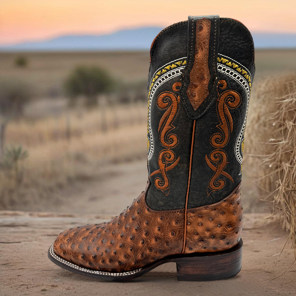 Men's Leather Ostrich Quill Print Square Toe Western Cowboy Boot