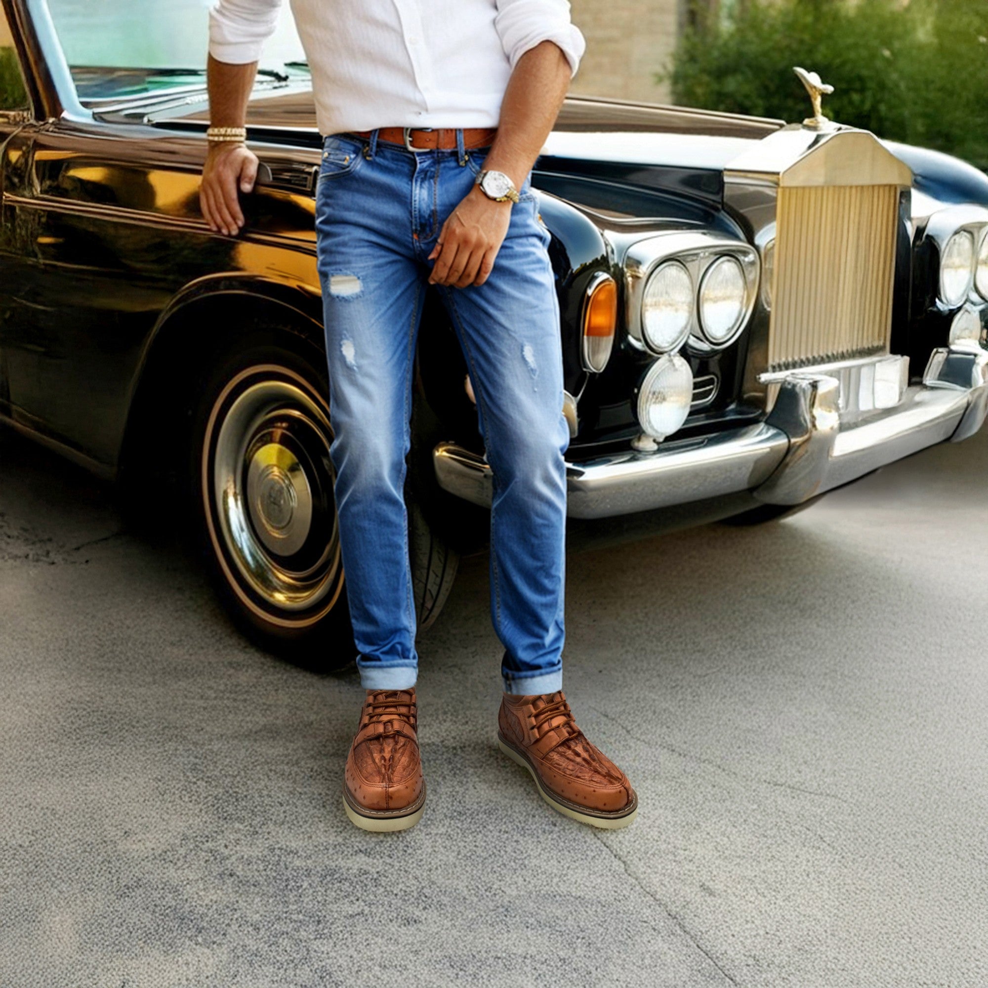 Men's Embossed Crocodile Ostrich Print Leather Lace Up Shoe