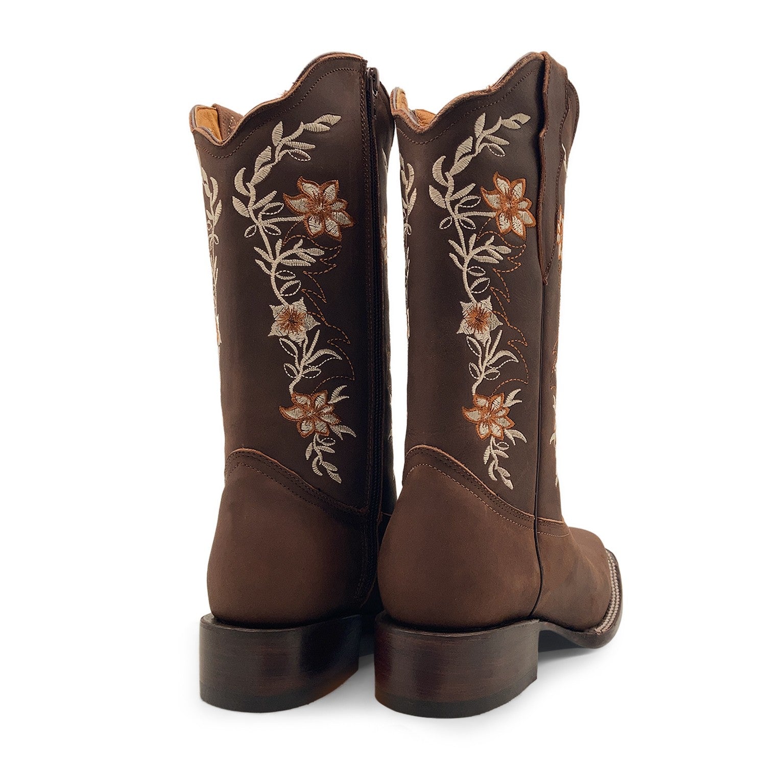 Women’s Western Cowgirl Boots – Leather Mid-Calf Square Toe Boots, Side Zipper Closure and Floral Embroidery